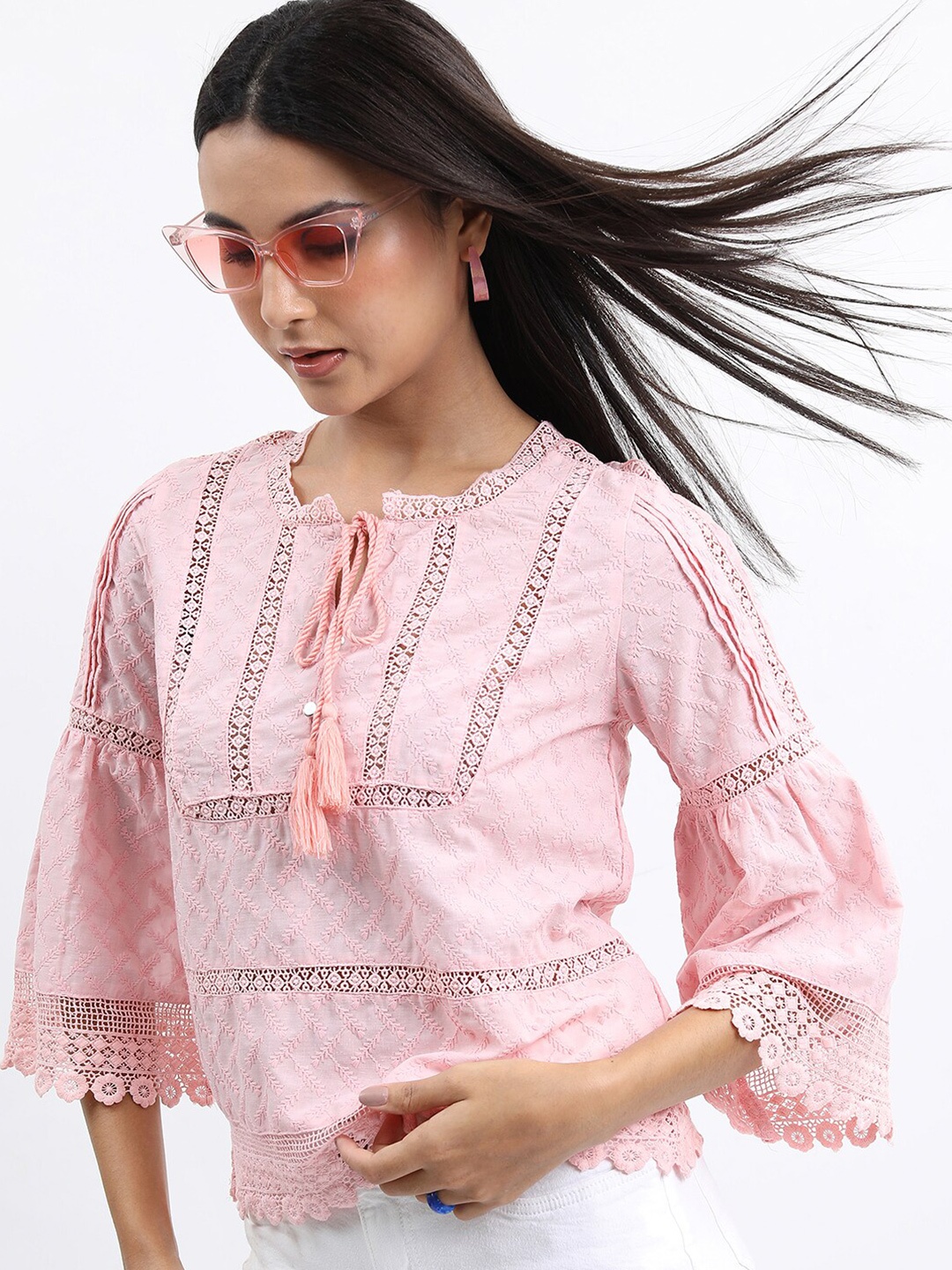 

Tokyo Talkies Embroidered Floral Tie-Up Neck Bell Sleeve Top, Pink