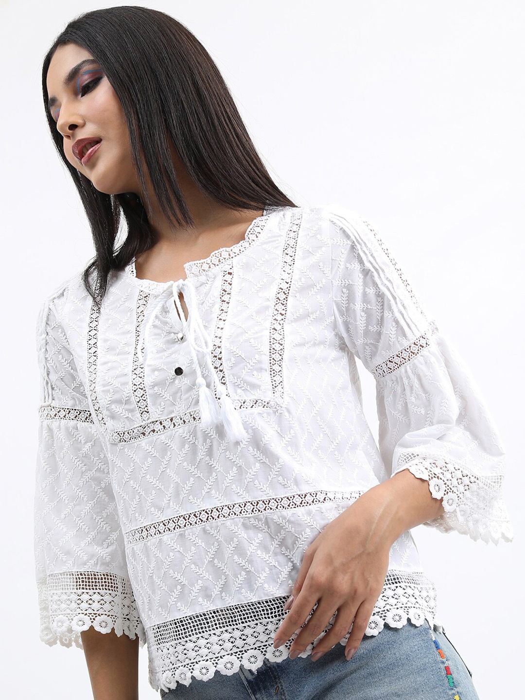 

Tokyo Talkies Floral Embroidered Tie-Up Neck Bell Sleeve Top, Off white