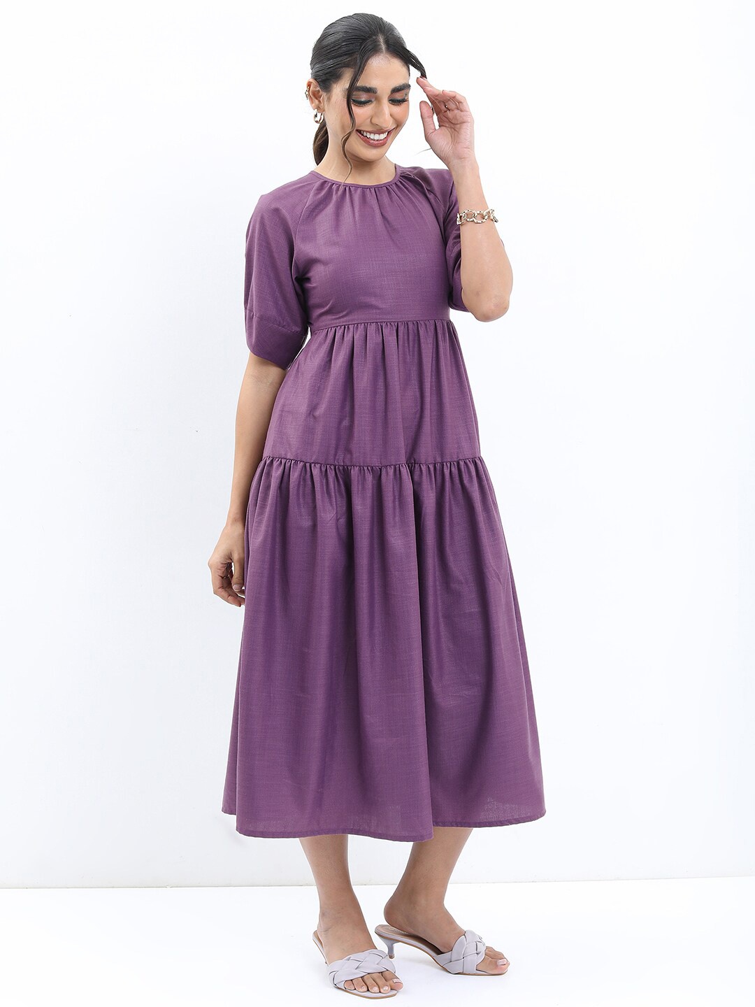 

Tokyo Talkies Raglan Sleeves Tiered Fit & Flare Midi Dress, Purple