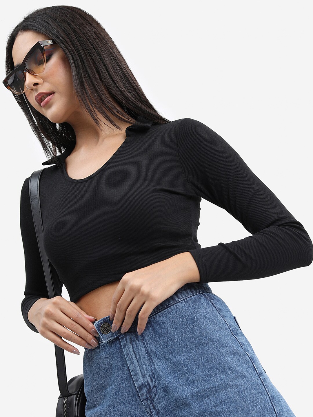 

Basics By Tokyo Talkies Shirt Collar Cotton Crop Top, Black