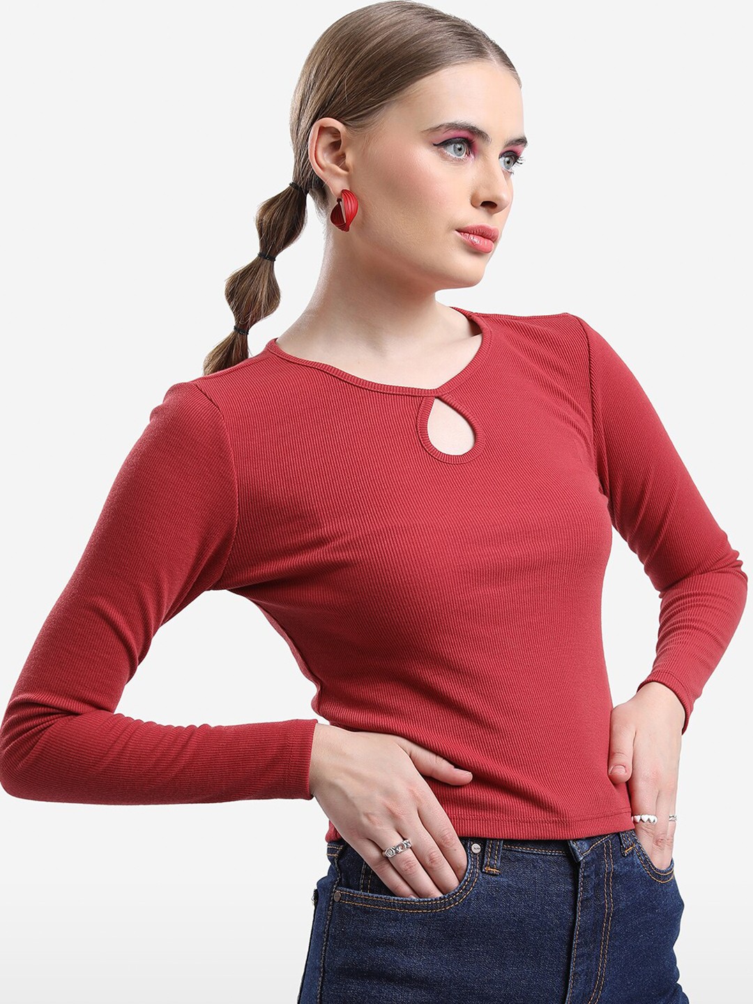 

Tokyo Talkies Keyhole Neck Cotton Top, Red