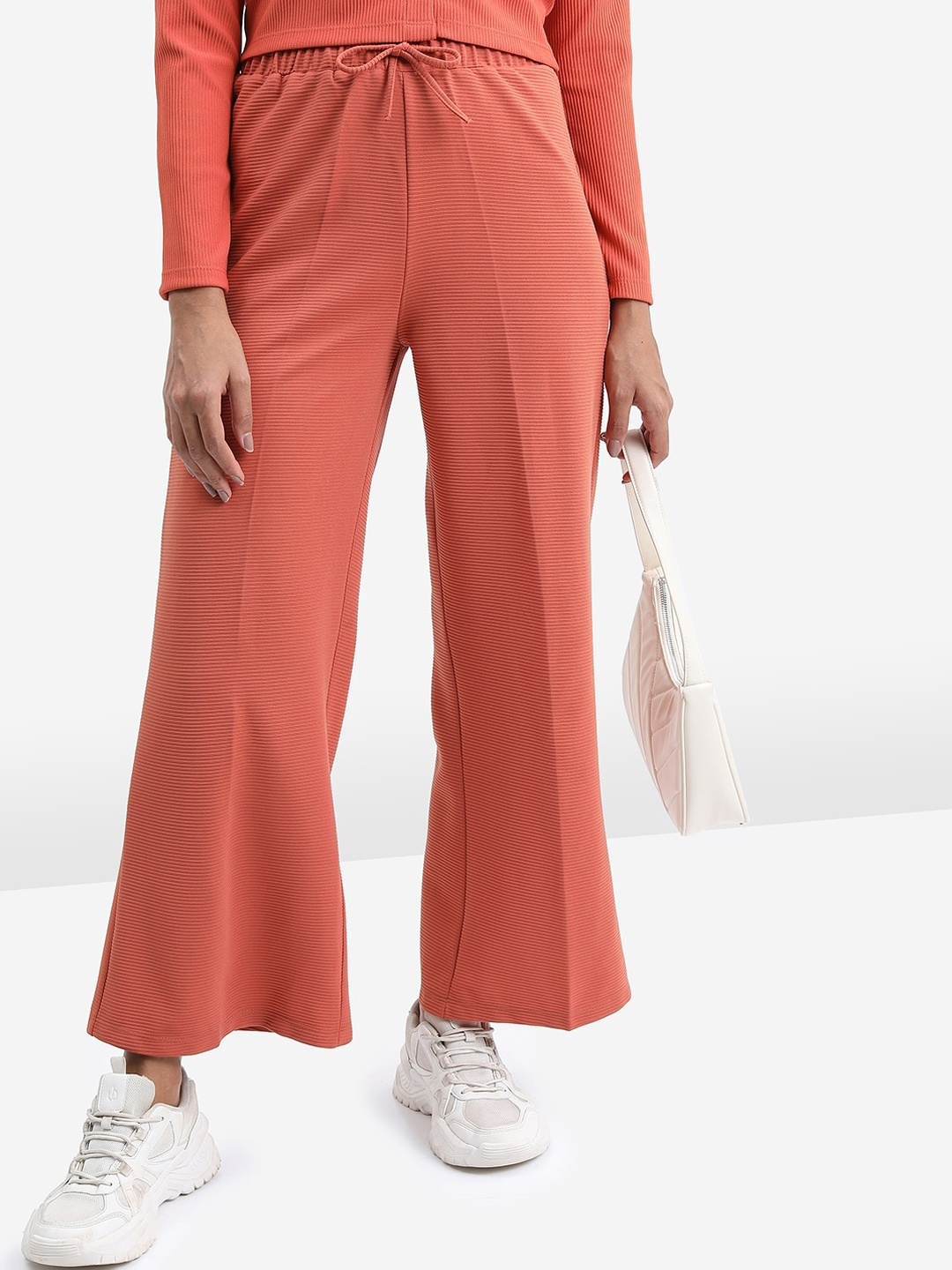 

Tokyo Talkies Women Straight Fit Flared High-Rise Parallel Trousers, Rust
