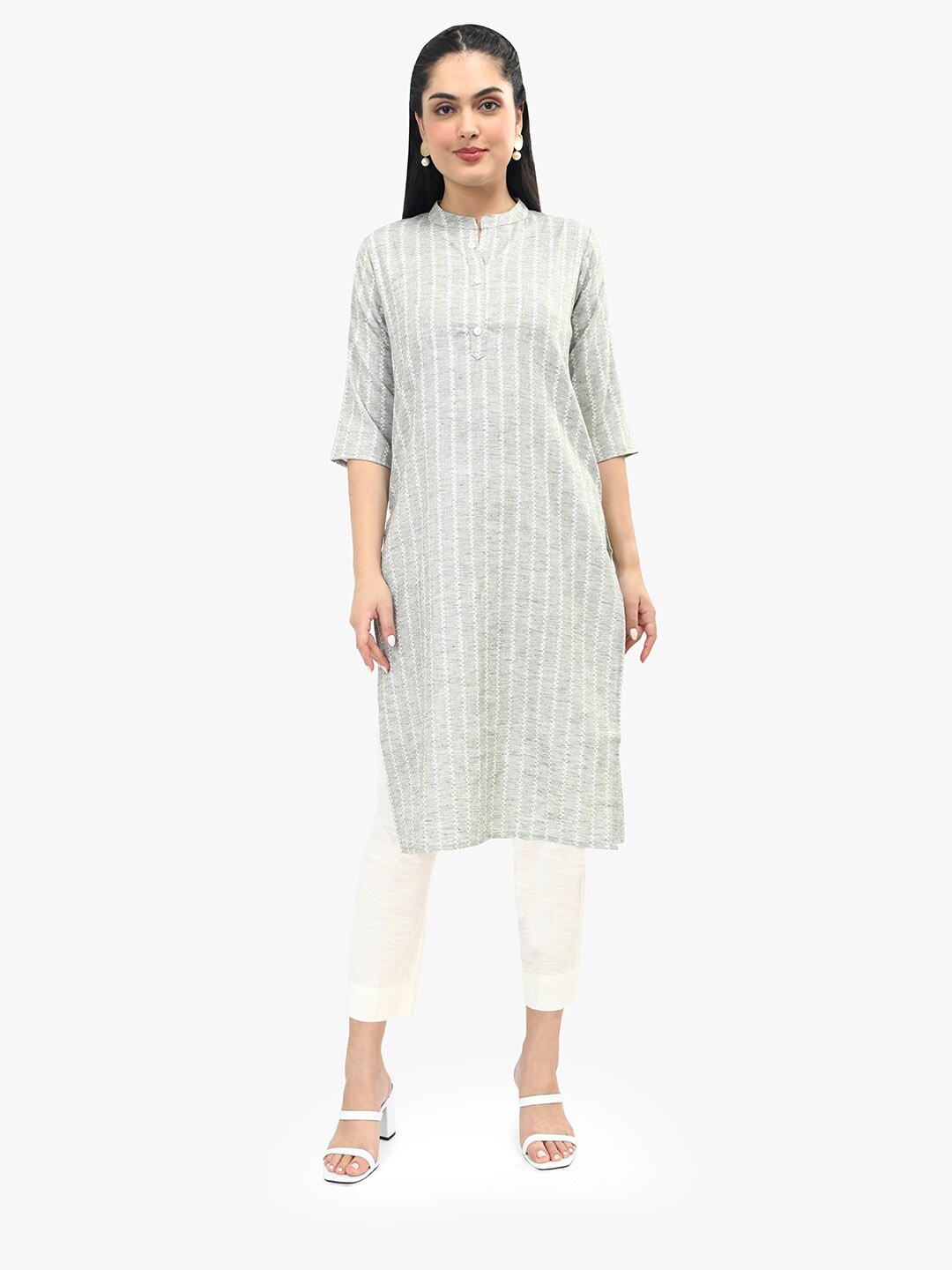 

Sangria Striped Thread Work Pure Cotton Straight Kurta, Green