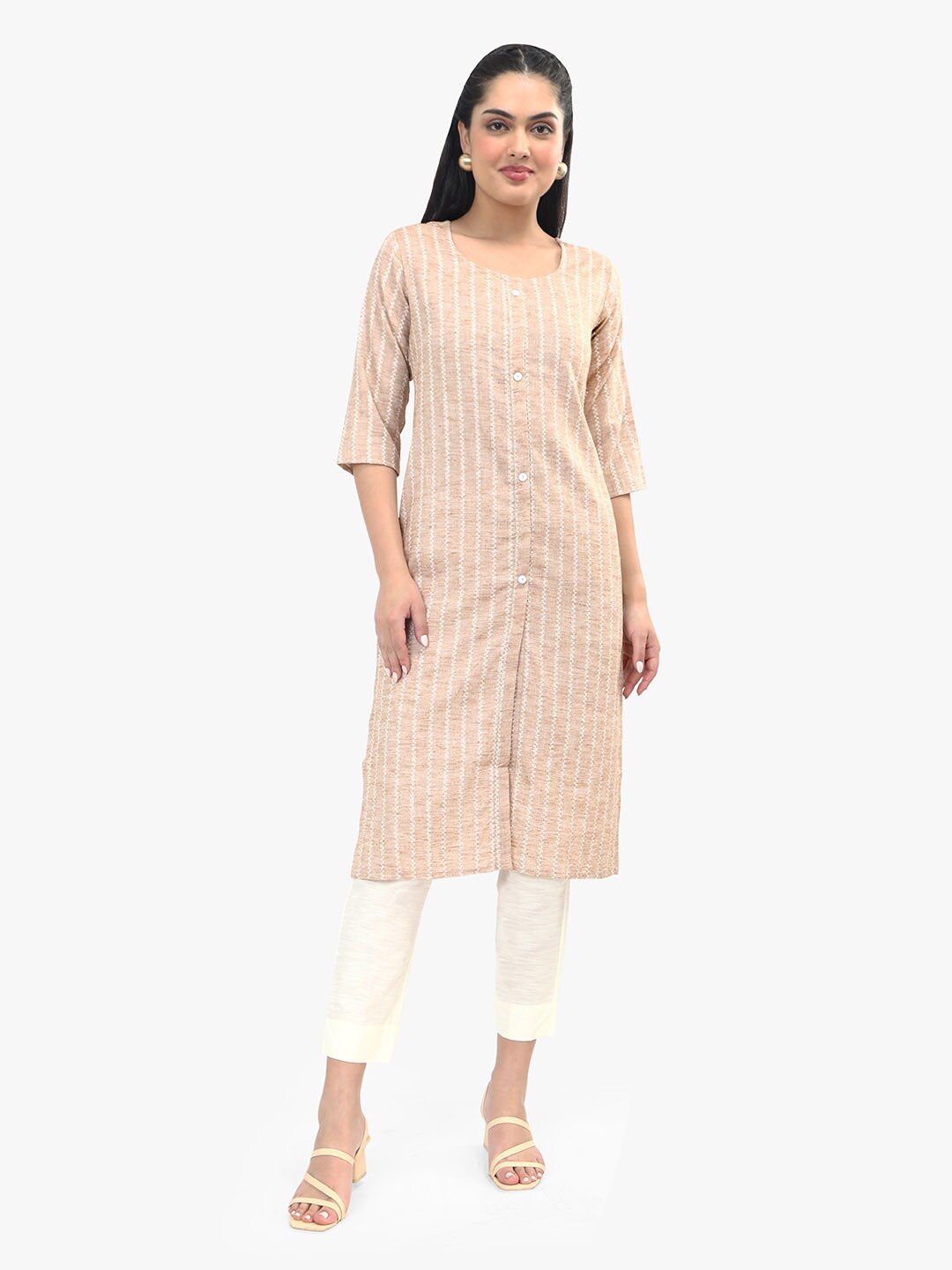 

Sangria Striped Woven Design Pure Cotton Straight Kurta, Beige