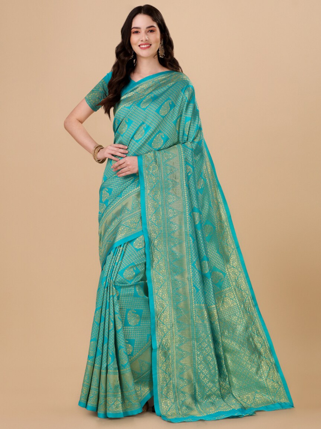 

Jinax Paisley Woven Design Zari Pure Silk Banarasi Saree, Sea green
