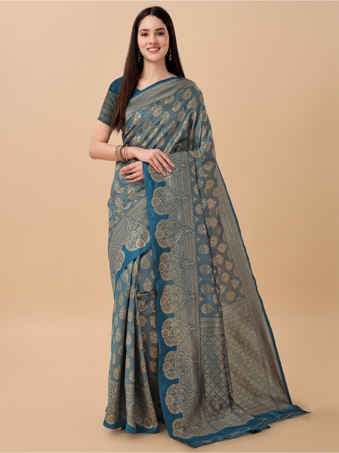 

Jinax Ethnic Motifs Woven Design Zari Pure Silk Banarasi Saree, Teal