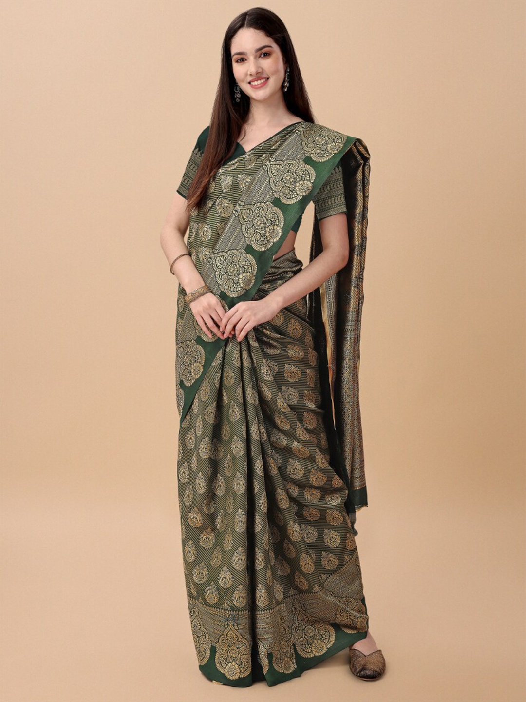 

Jinax Ethnic Motifs Woven Design Zari Pure Silk Banarasi Saree, Green