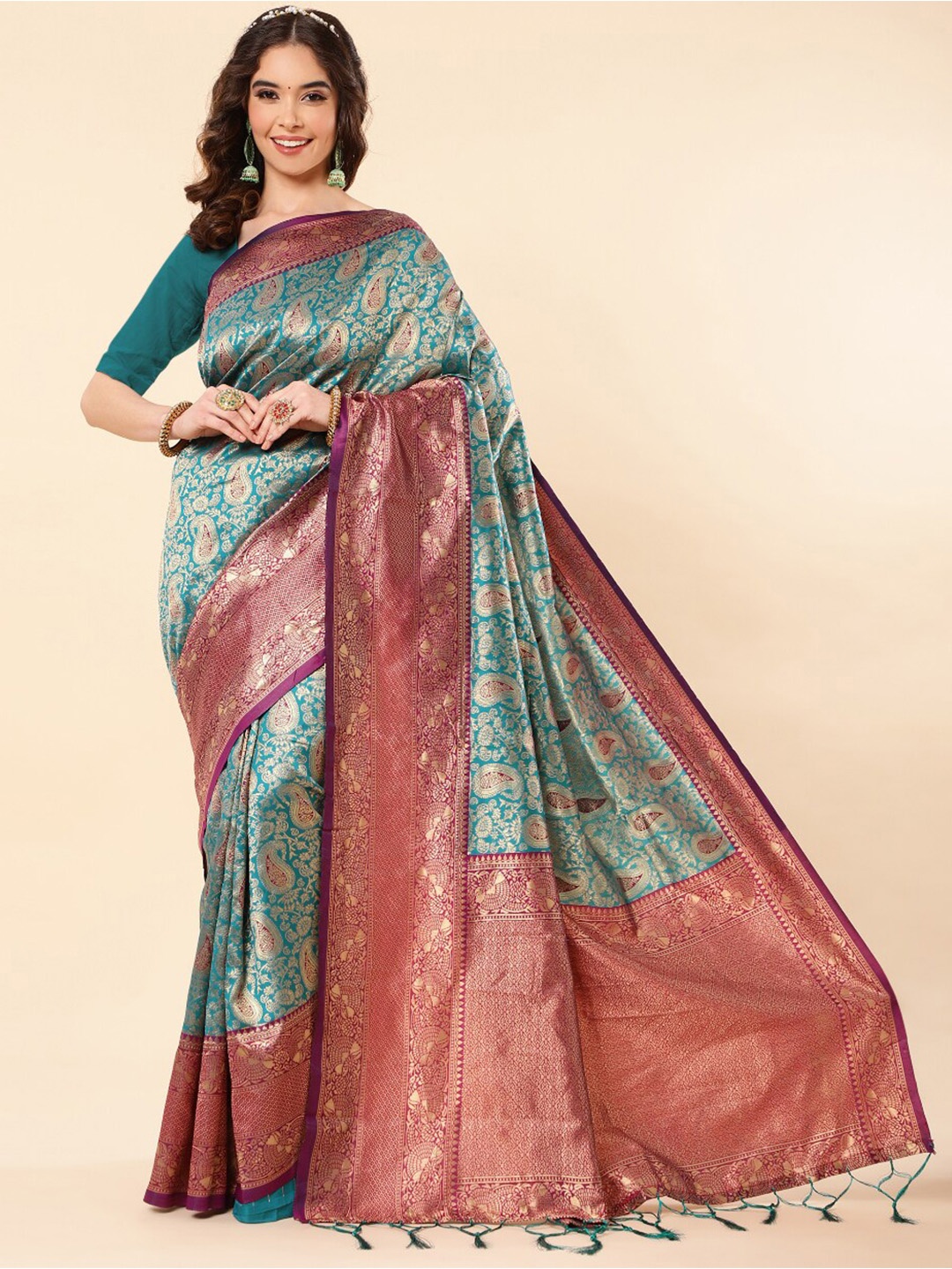 

Jinax Paisley Woven Design Zari Pure Silk Banarasi Saree, Blue