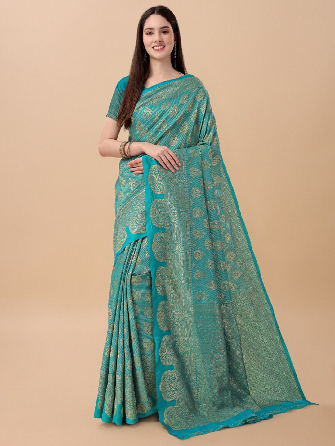 

Jinax Ethnic Motif Zari Pure Silk Banarasi Saree, Sea green