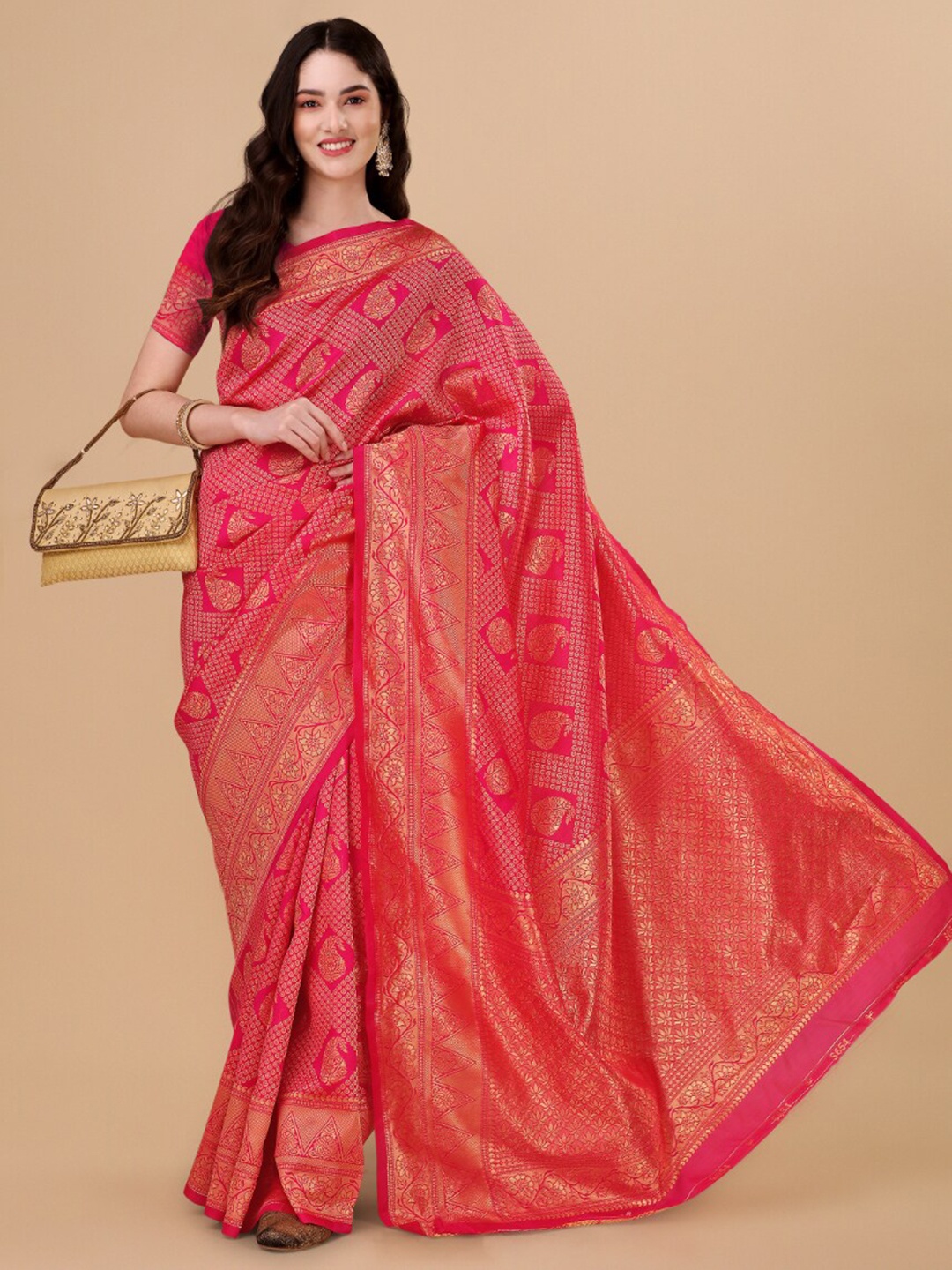 

Jinax Paisley Zari Pure Silk Banarasi Saree, Pink