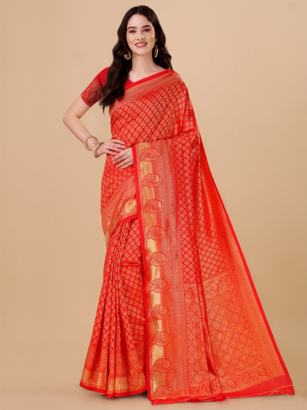 

Jinax Ethnic Motif Zari Pure Silk Banarasi Saree, Red