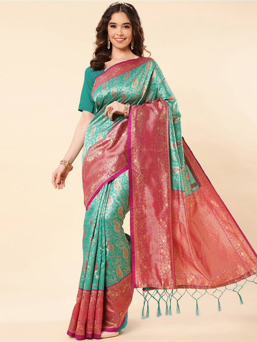 

Jinax Paisley Zari Pure Silk Banarasi Saree With Tassel, Sea green