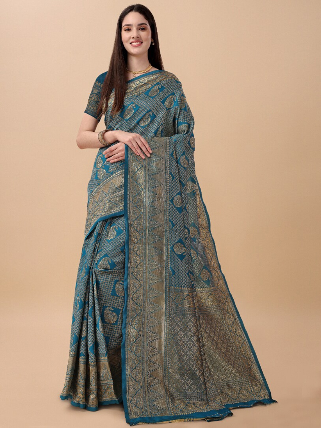 

Jinax Ethnic Motif Zari Pure Silk Banarasi Saree, Teal