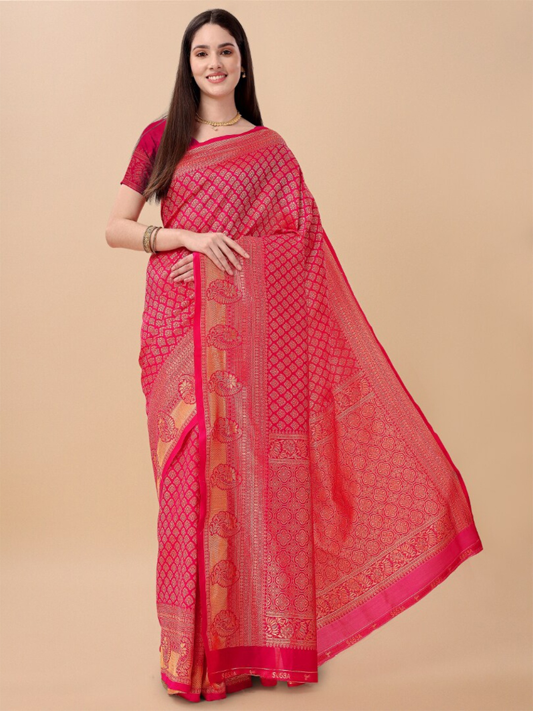 

Jinax Ethnic Motifs Woven Design Zari Pure Silk Banarasi Saree, Pink