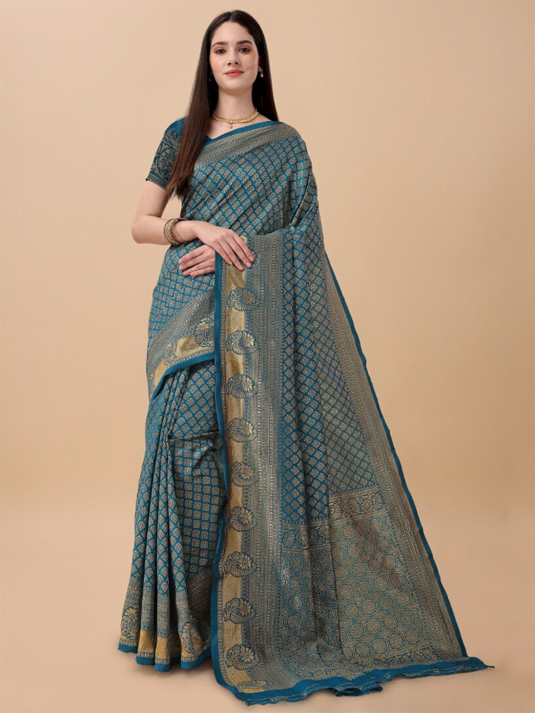 

Jinax Ethnic Motifs Woven Design Zari Pure Silk Banarasi Saree, Teal