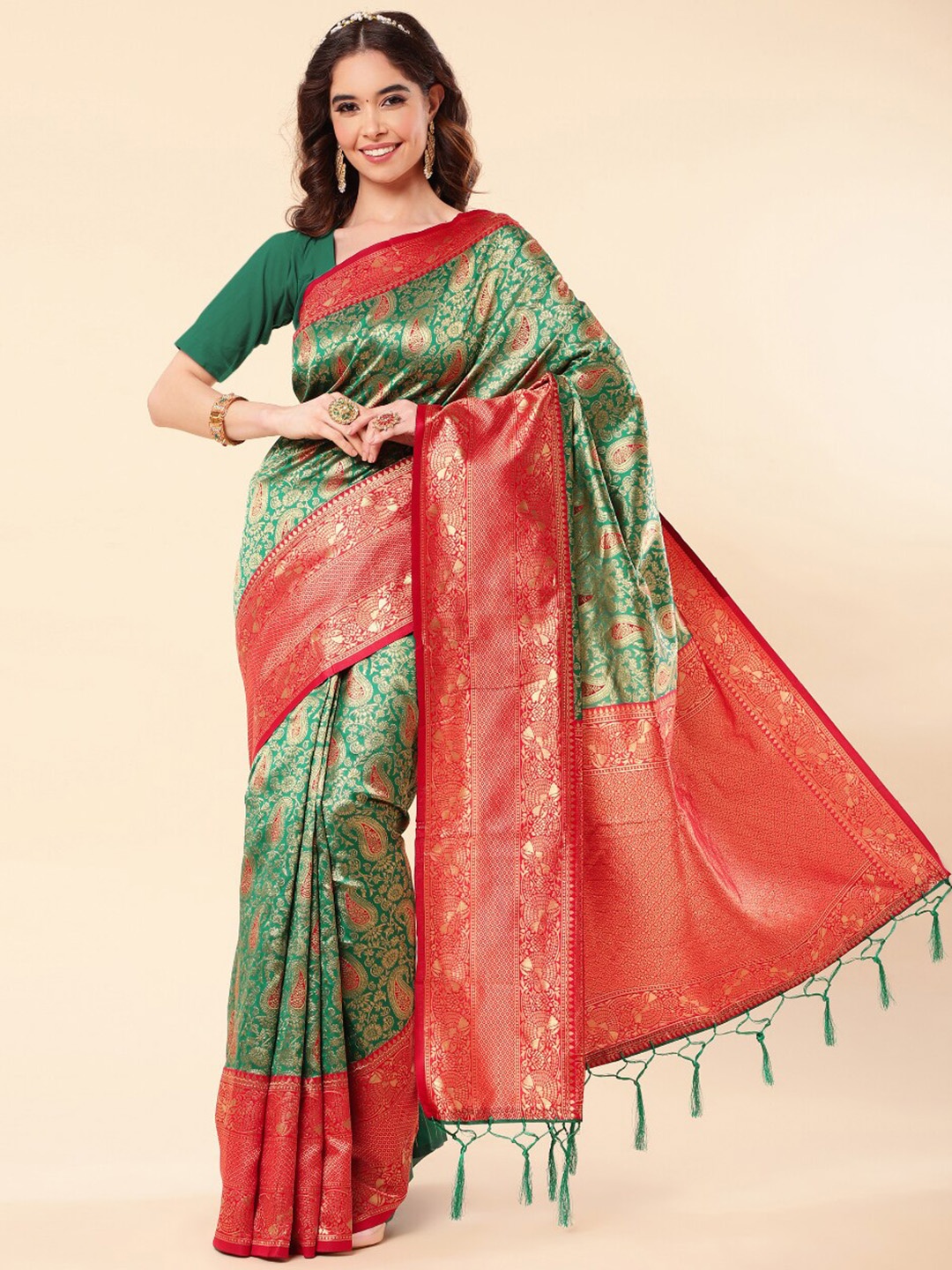 

Jinax Paisley Zari Pure Silk Banarasi Saree With Tassel, Green