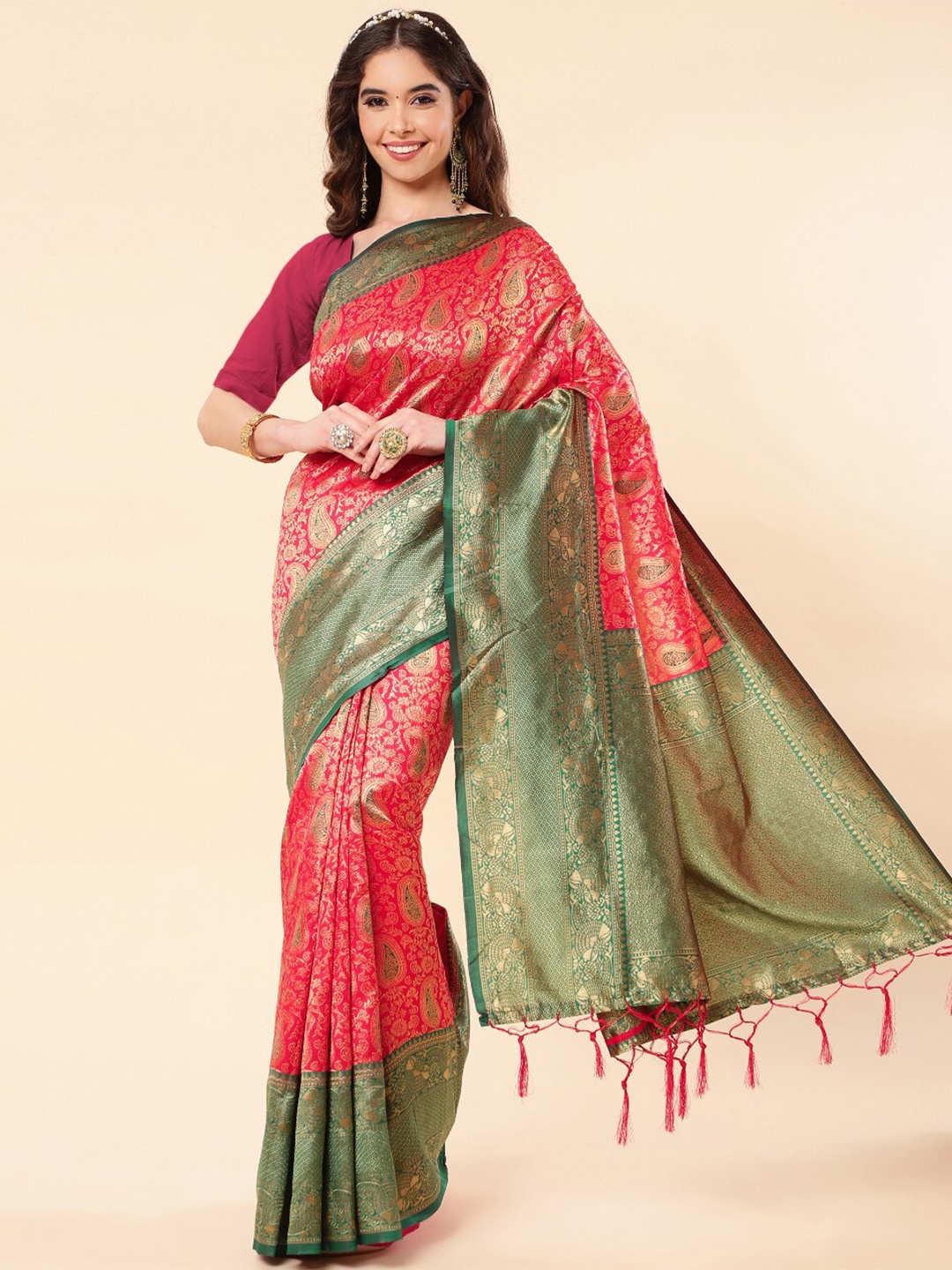 

Jinax Paisley Zari Pure Silk Banarasi Saree With Tassel, Red