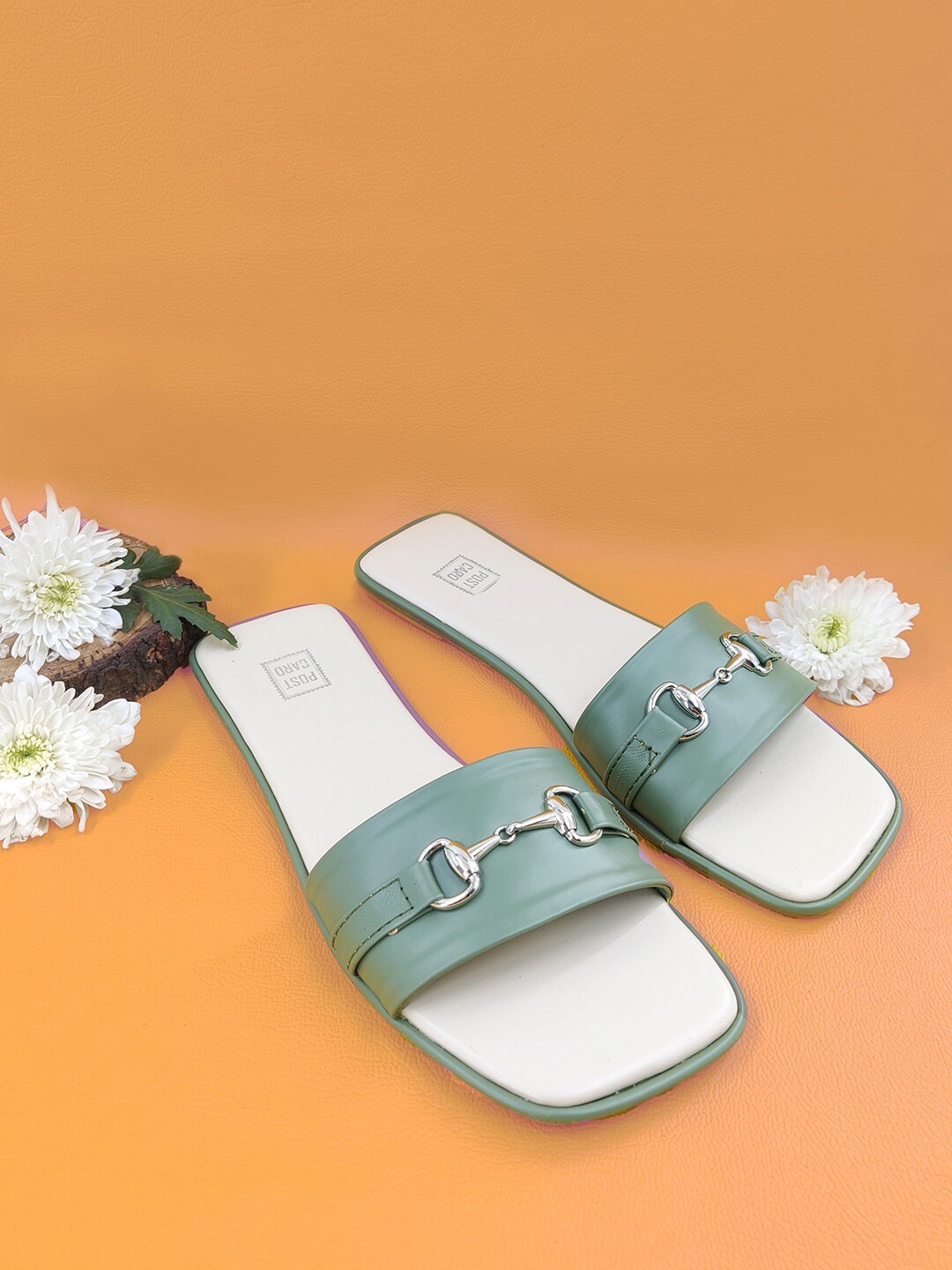 

POSTCARD Buckle Embellished Open Toe Flats, Olive