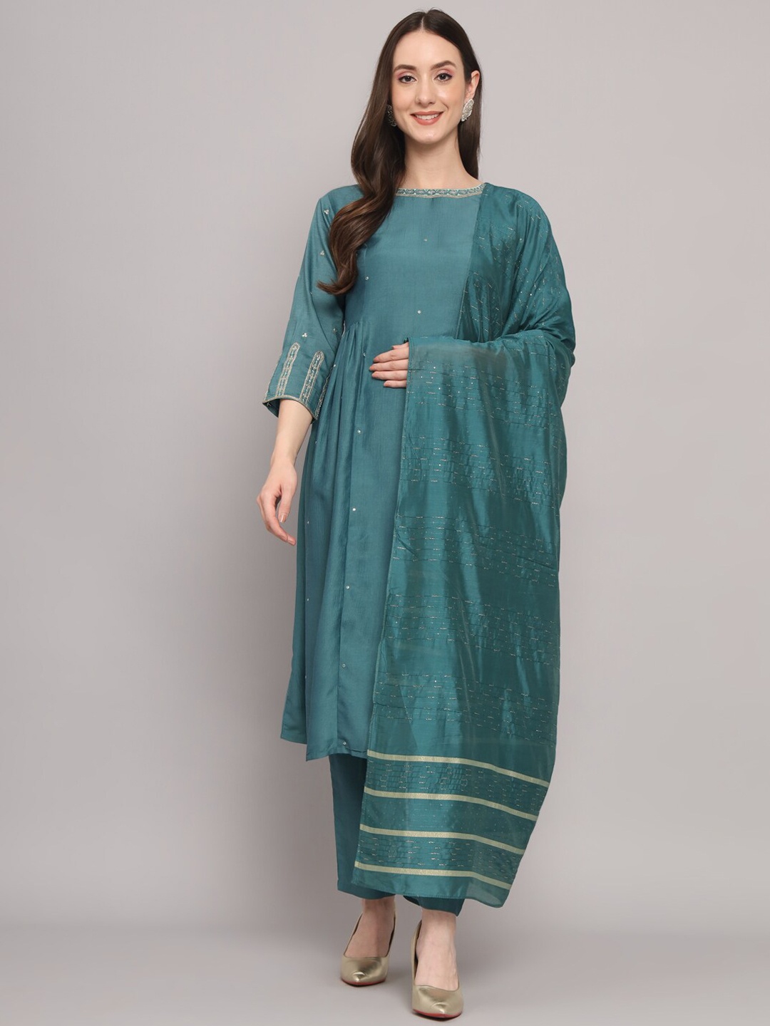 

Myshka Embroidered Pure Silk Kurta With Trousers & Dupatta, Teal