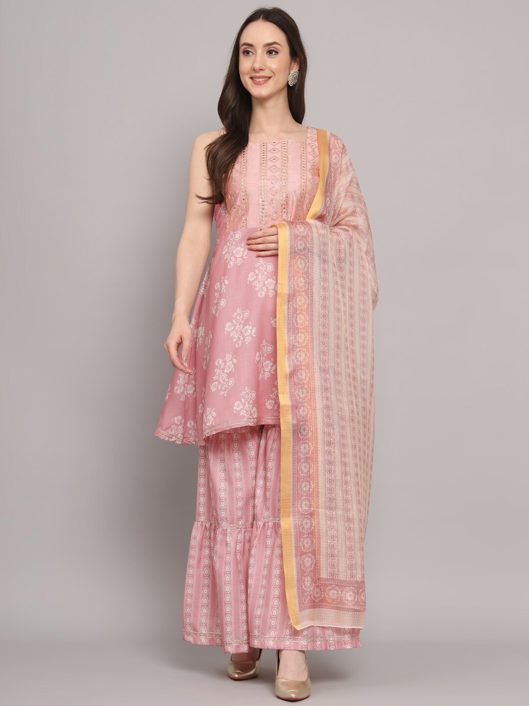 

Myshka Ethnic Motifs Printed Gotta Patti Pure Cotton Kurta with Sharara & With Dupatta, Pink