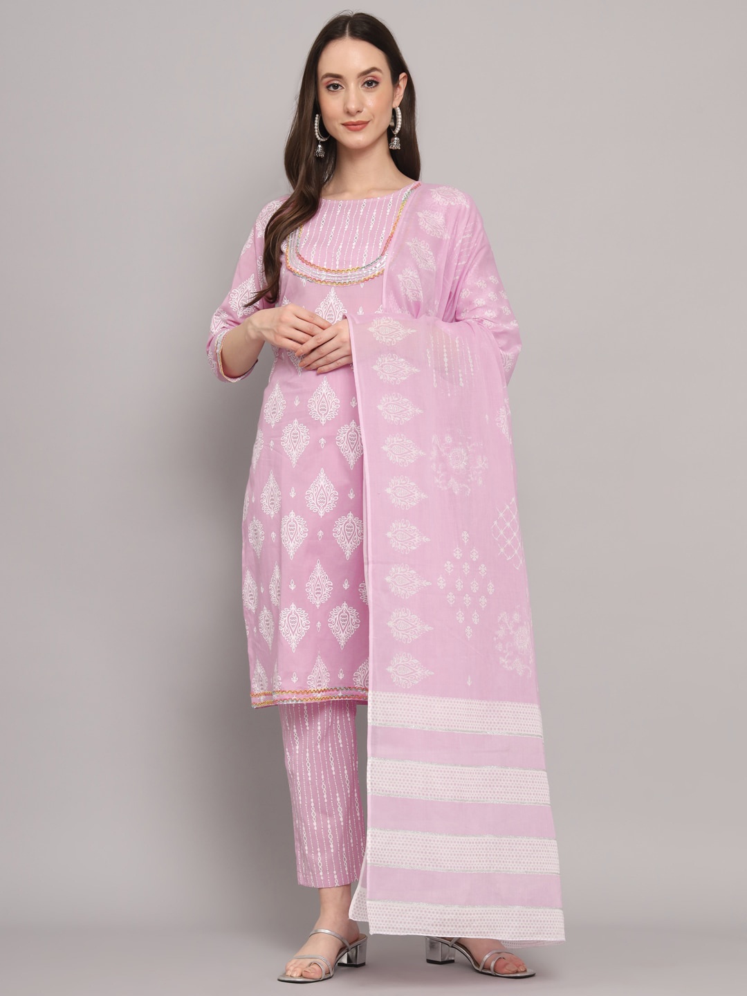 

Myshka Ethnic Motifs Printed Regular Pure Cotton Kurta With Trousers & Dupatta, Pink