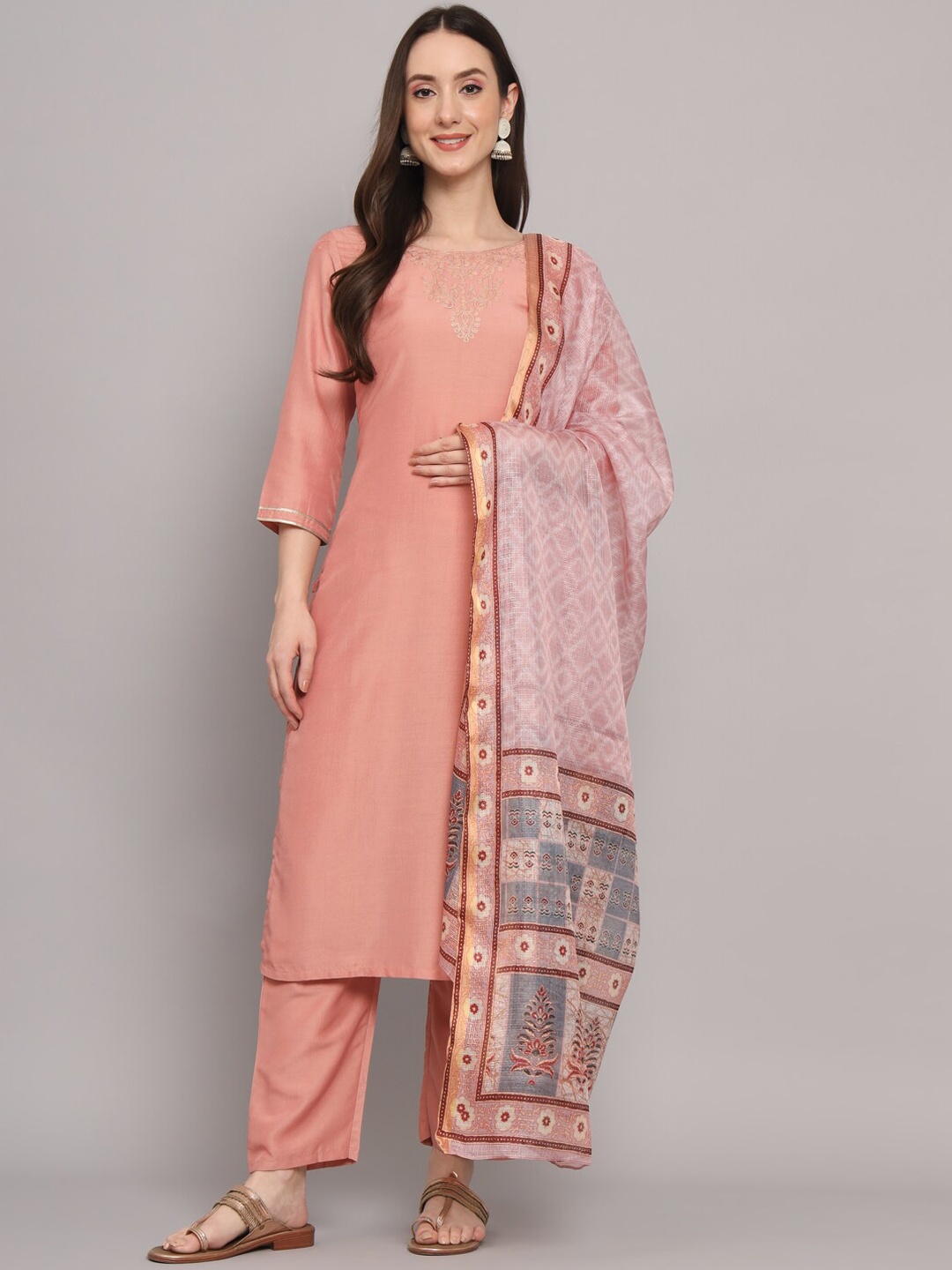 

Myshka Ethnic Motifs Yoke Design Pure Silk Kurta With Trousers & Dupatta, Peach