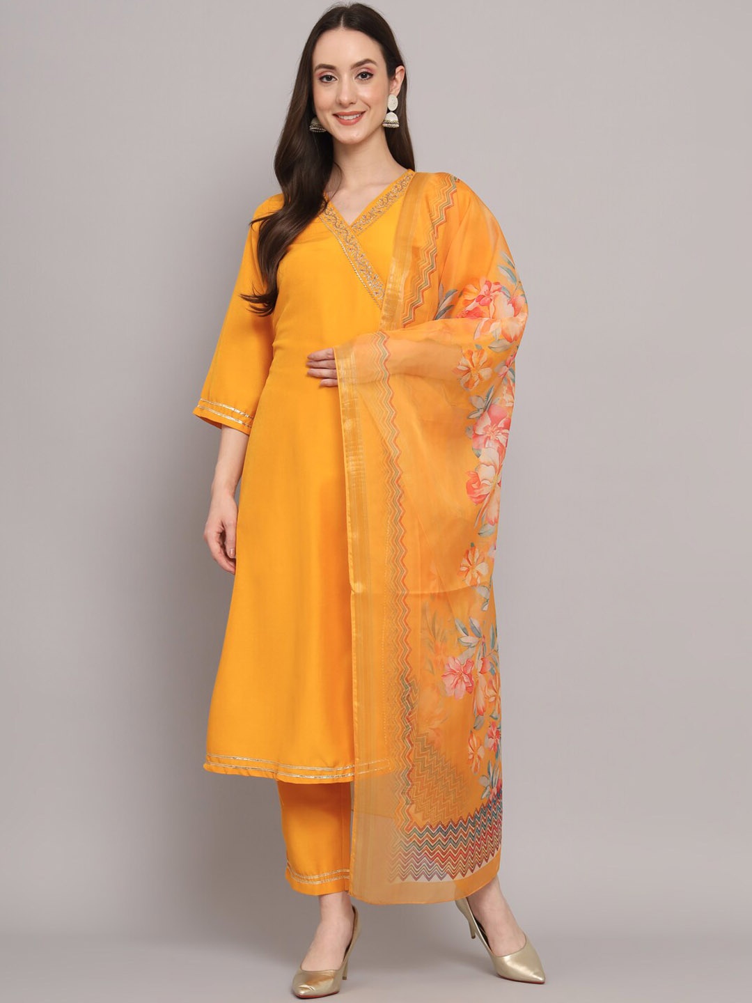 

Myshka Angrakha Gotta Patti Pure Silk Kurta With Trousers & Dupatta, Mustard