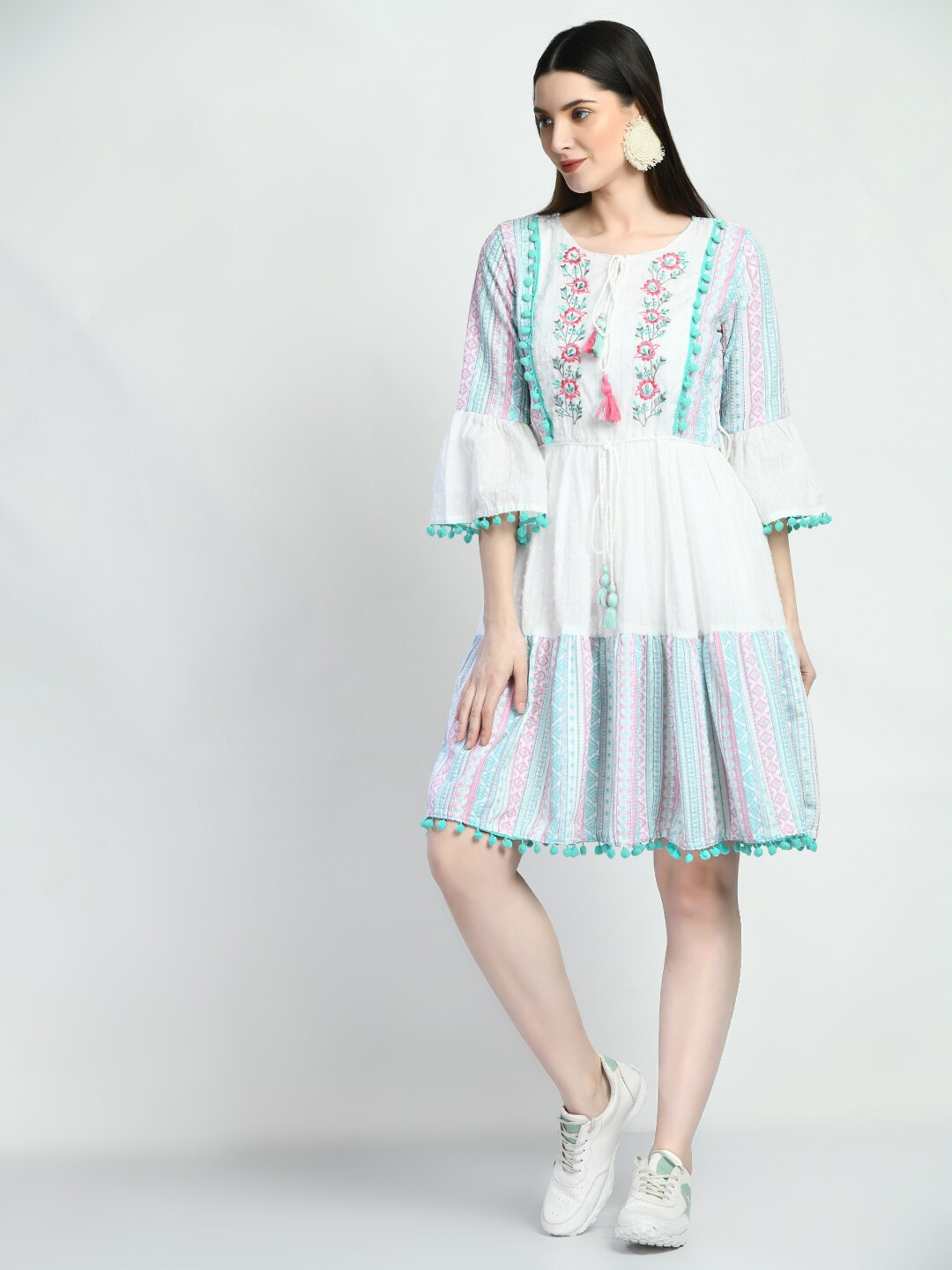 

TBOJ Embroidered Tie-up Neck A line Cotton Dress, White