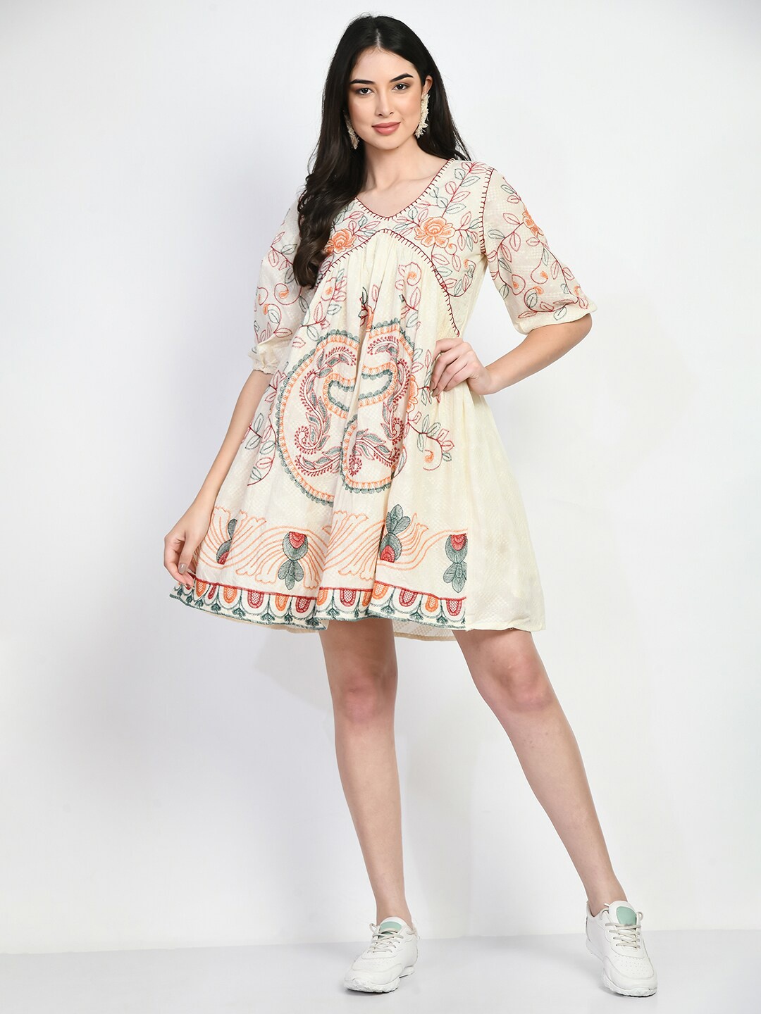

TBOJ Floral Embroidered Puff Sleeves Empire Dress, Cream