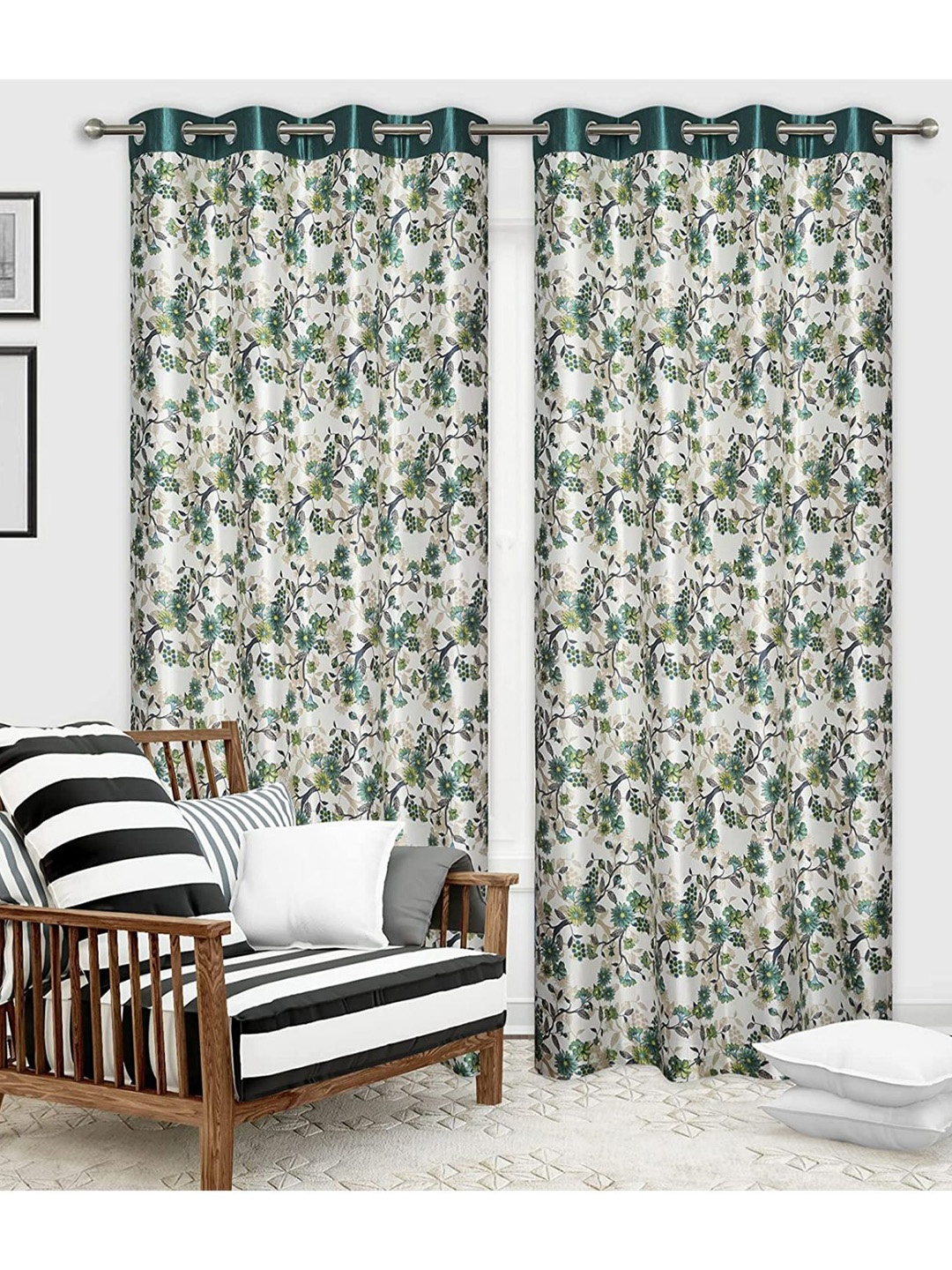 

Bajo's White & Green 2-Pieces Printed Satin Long Door Curtains