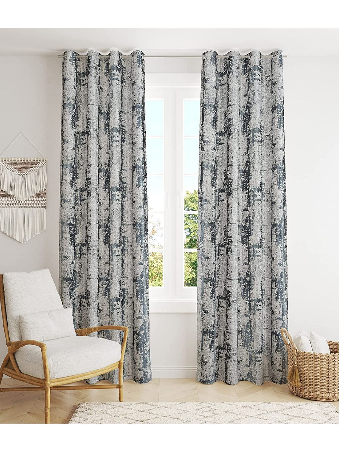 

Bajo's Grey & White 2-Pieces Printed Satin Long Door Curtains