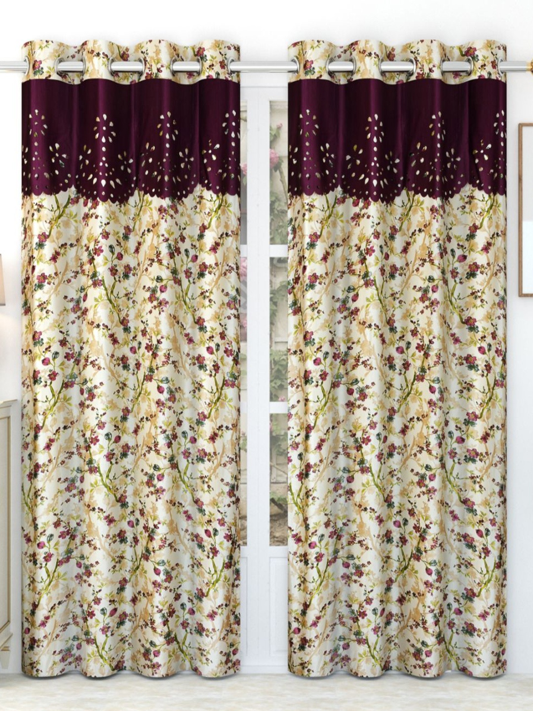 

Bajo's Cream-Coloured & Purple 2-Pieces Printed Satin Long Door Curtains
