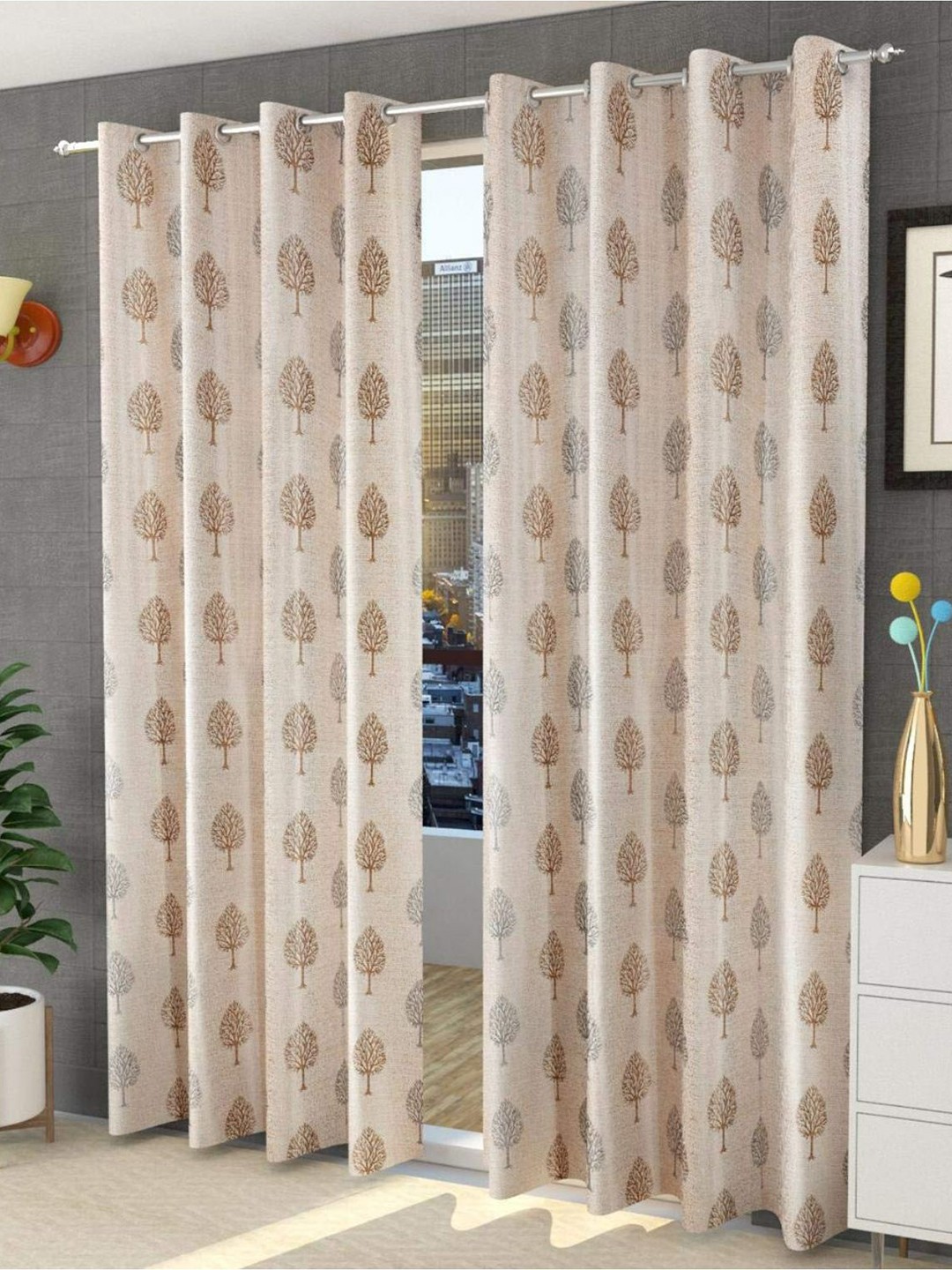 

Bajo's Beige & Grey 2-Pieces Printed Satin Long Door Curtains