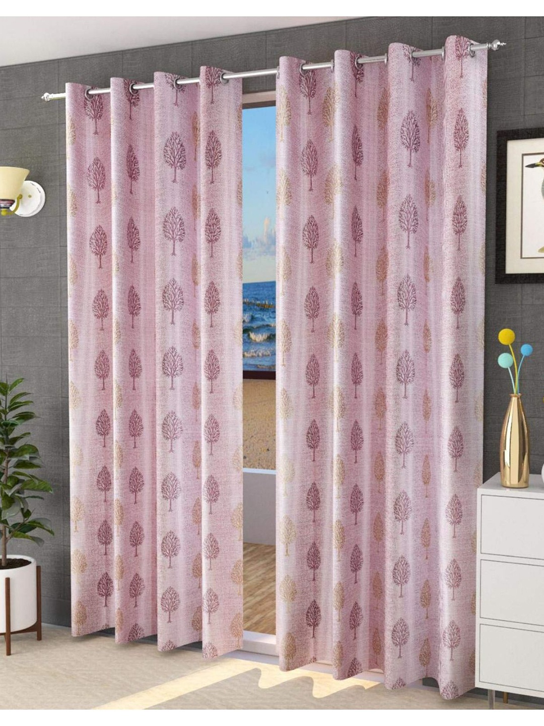 

Bajo's Pink & Orange 2-Pieces Printed Satin Long Door Curtains