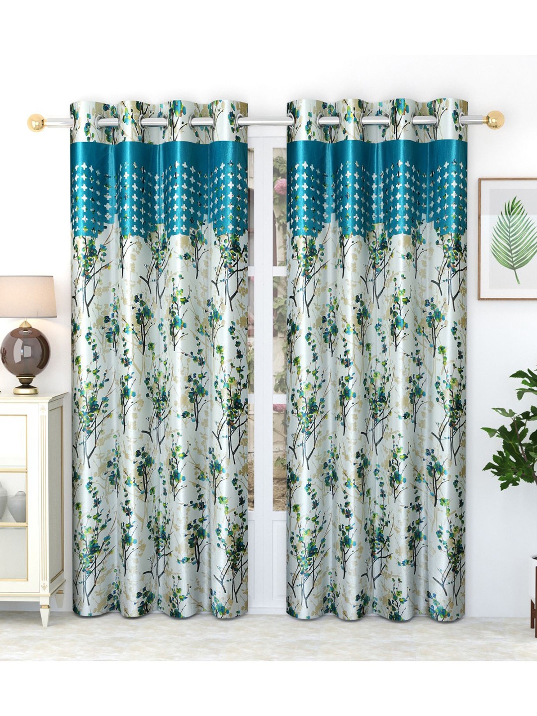

Bajo's White & Blue 2 Pieces Floral Printed Satin Door Curtains