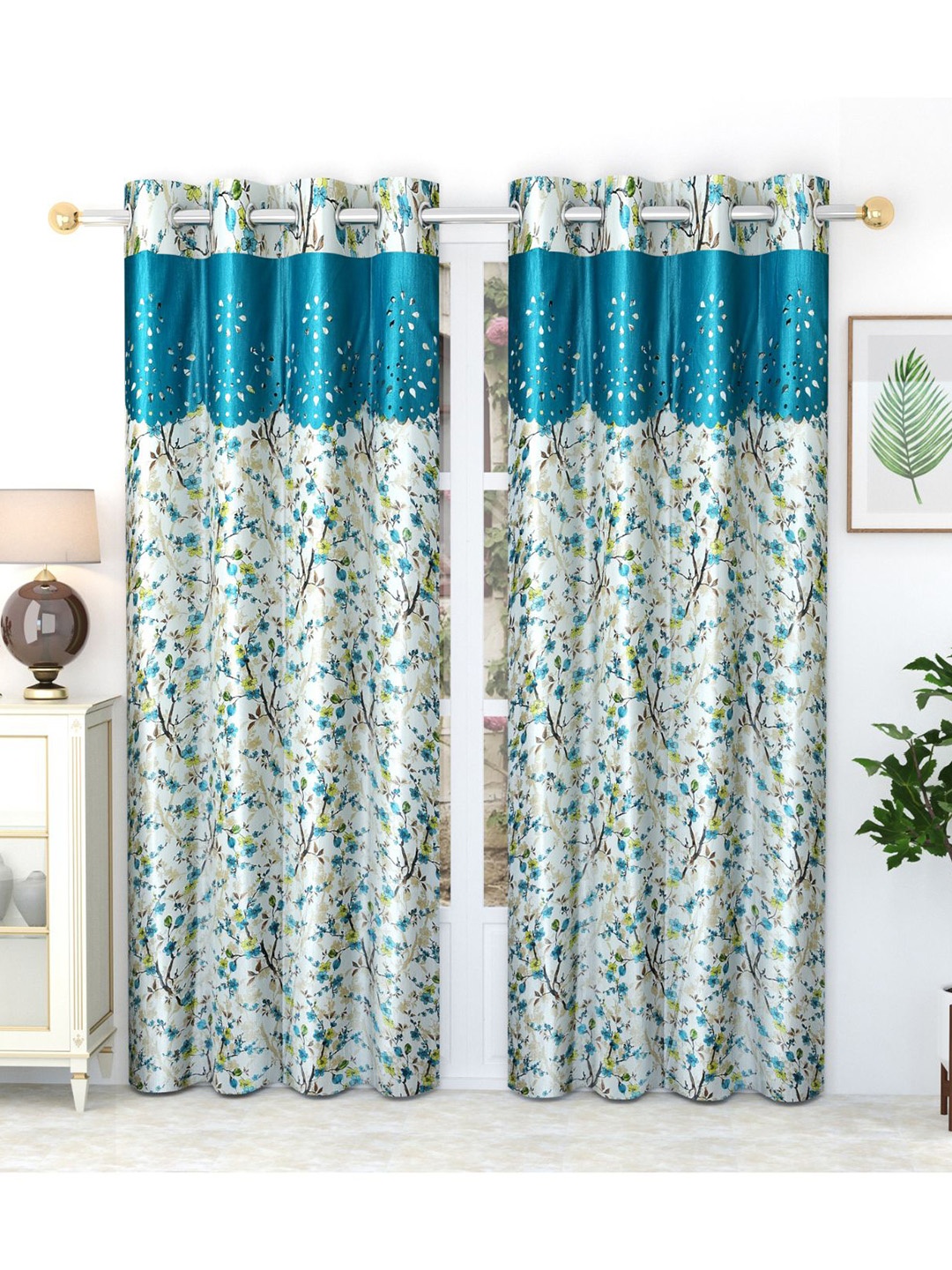 

Bajo's White & Blue 2 Pieces Quirky Printed Satin Door Curtains