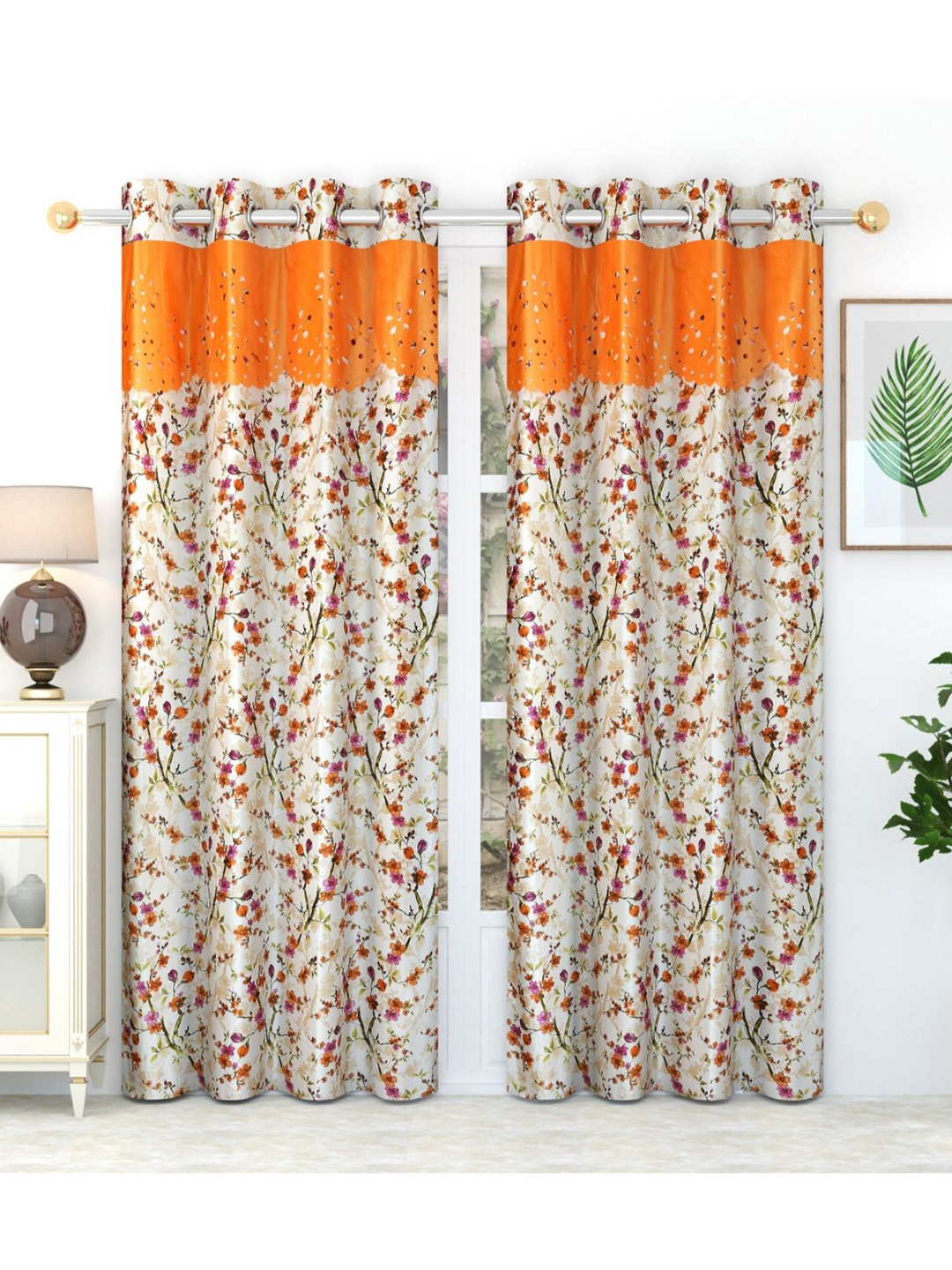 

Bajo's White & Orange 2 Pieces Floral Printed Door Curtain