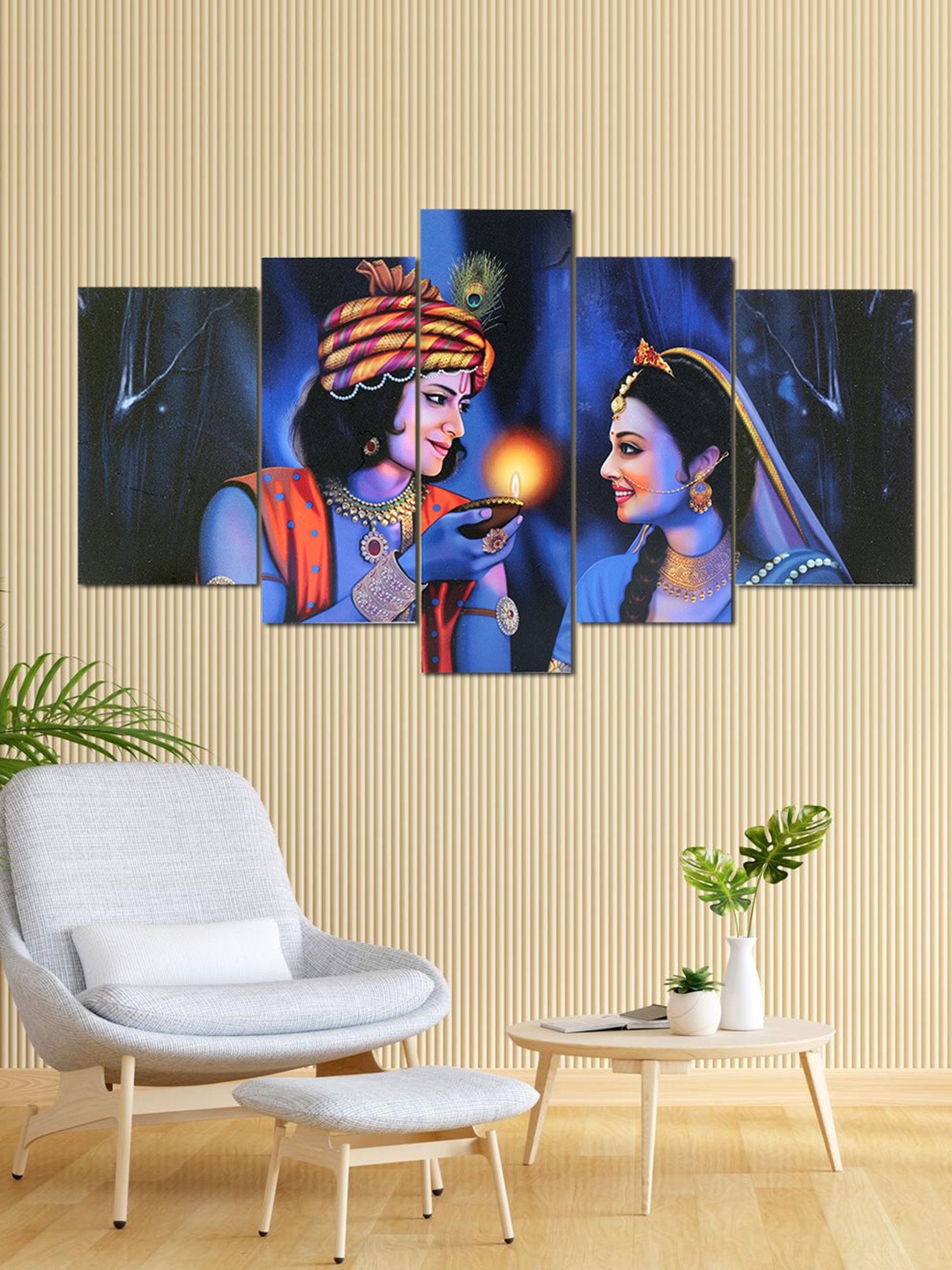 Perpetual Blue & Yellow 5 Pieces Radha Krishna Wall Paintings