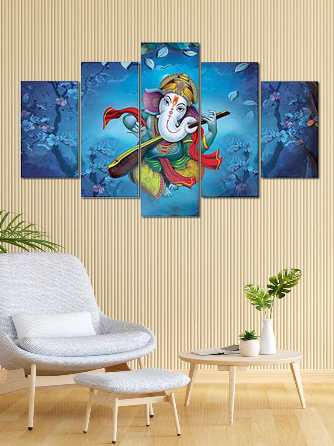 

Perpetual 5 Pieces Lord Ganesha Painting Wood Wall Decor, Blue