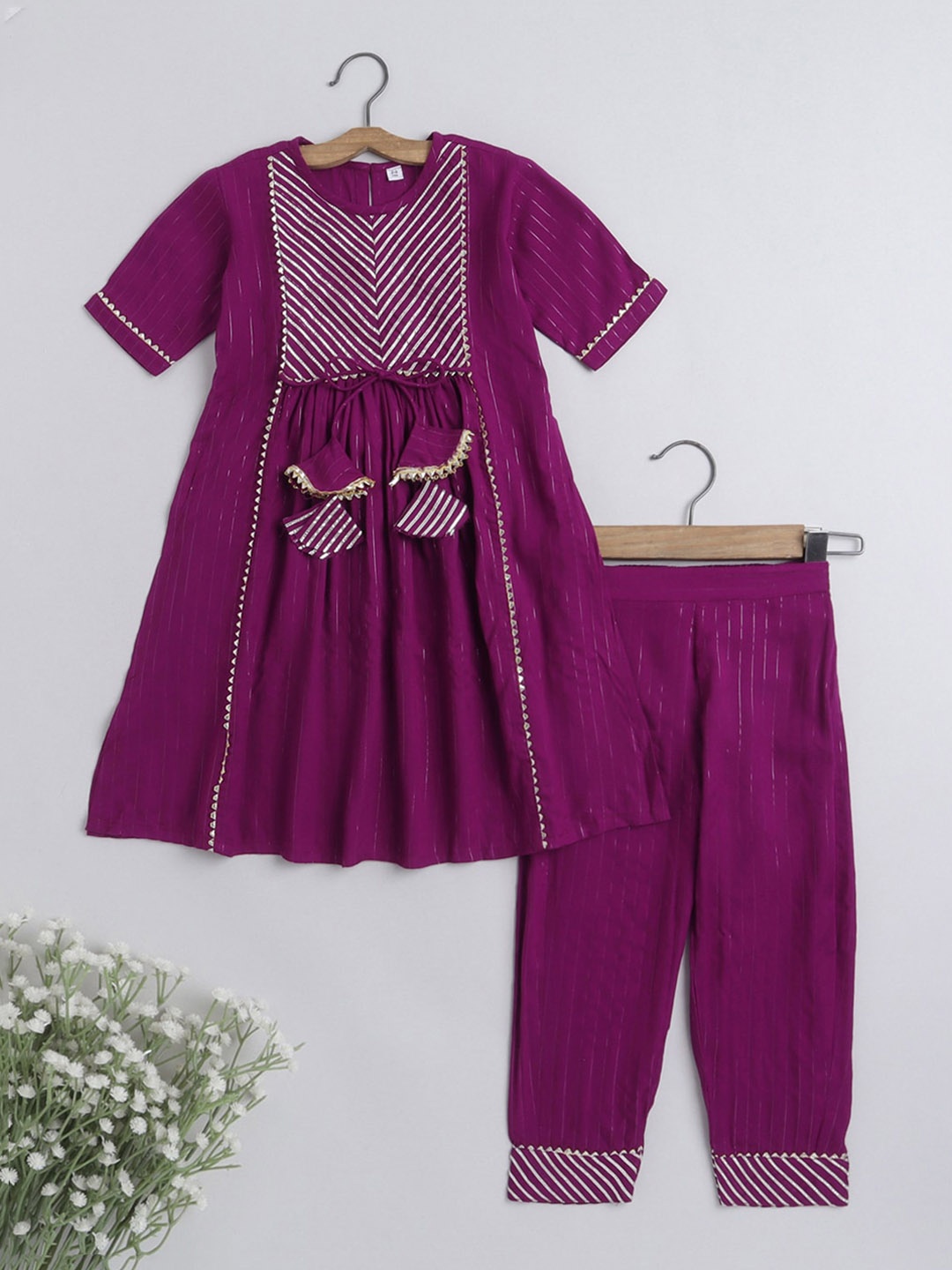 

The Magic Wand Girls Yoke Design Gota Patti Kurta With Trousers, Burgundy