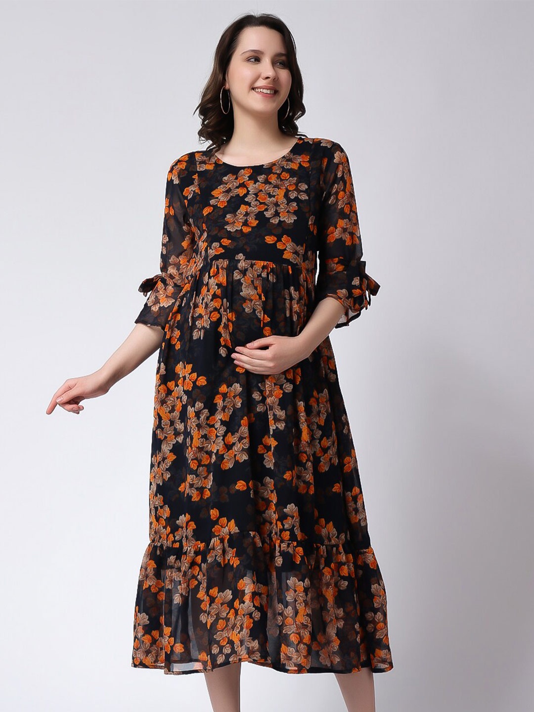 

COLOR STUDIO Navy Blue & Red Floral Print Flared Sleeve Fit & Flare Maxi Dress
