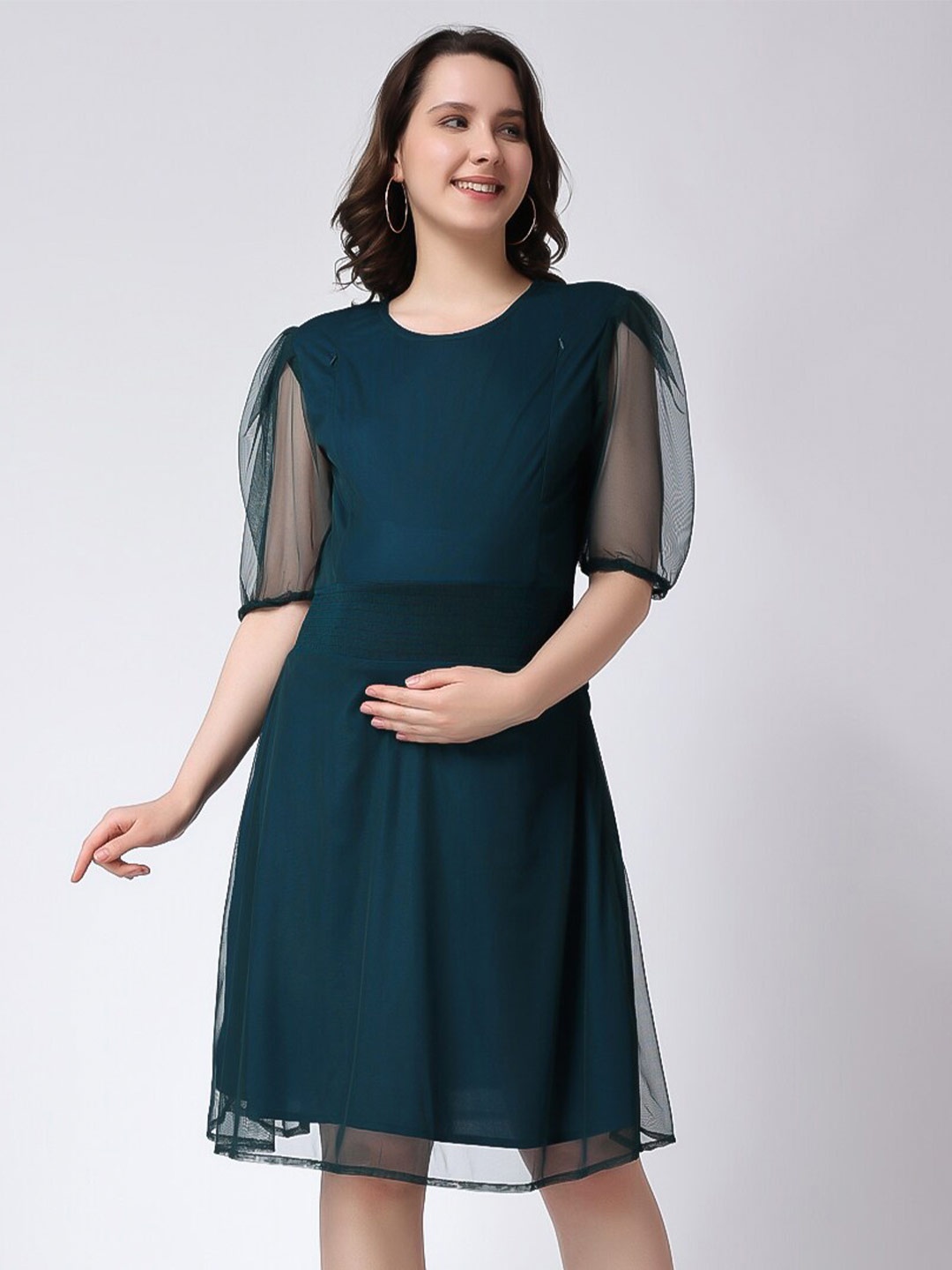 

COLOR STUDIO Puff Sleeve Net Maternity A-Line Dress, Teal