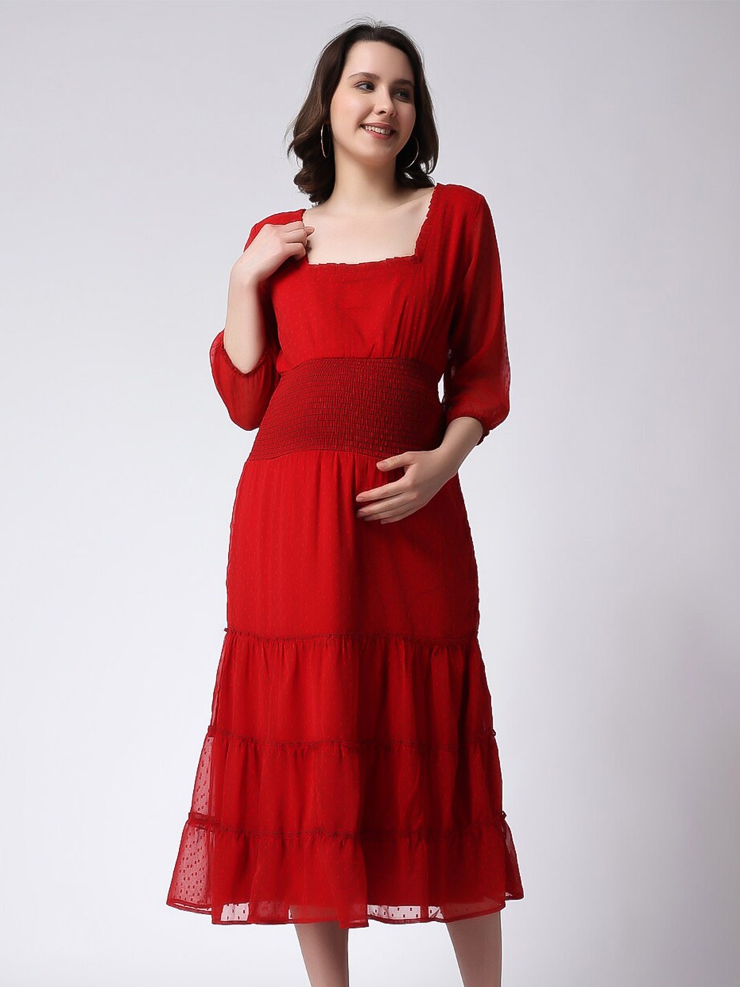 

COLOR STUDIO Self Design Maternity Georgette Fit & Flare Dress, Red