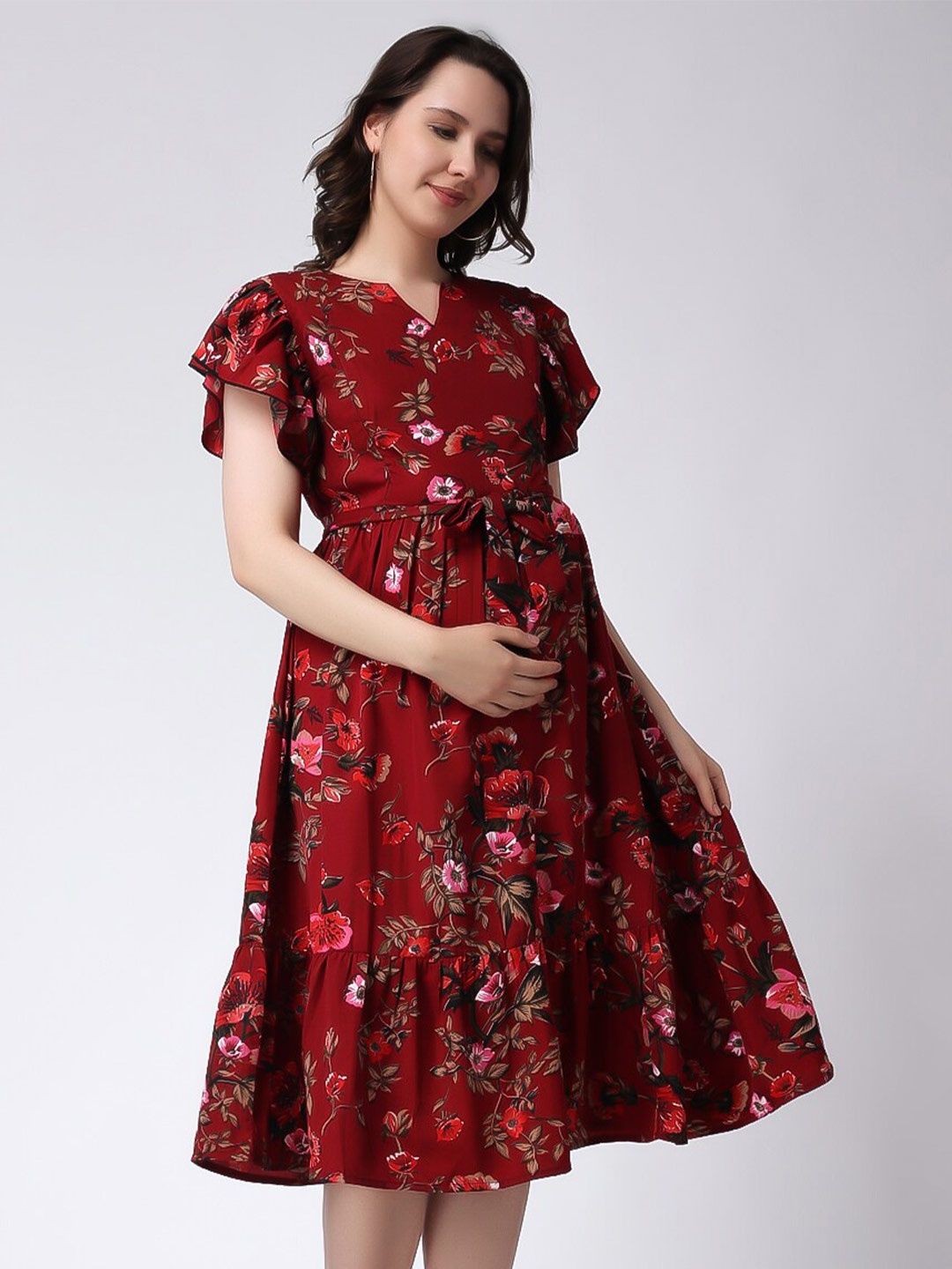 

COLOR STUDIO Maternity Crepe Floral Print Midi Dress, Red