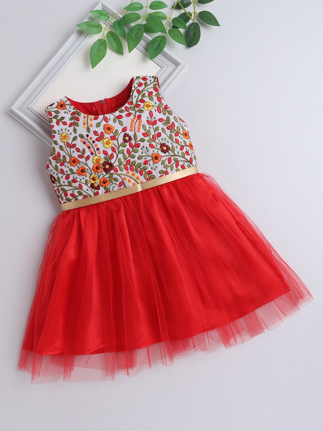 

The Magic Wand Girls Floral Embroidered Fit & Flare Dress, Red