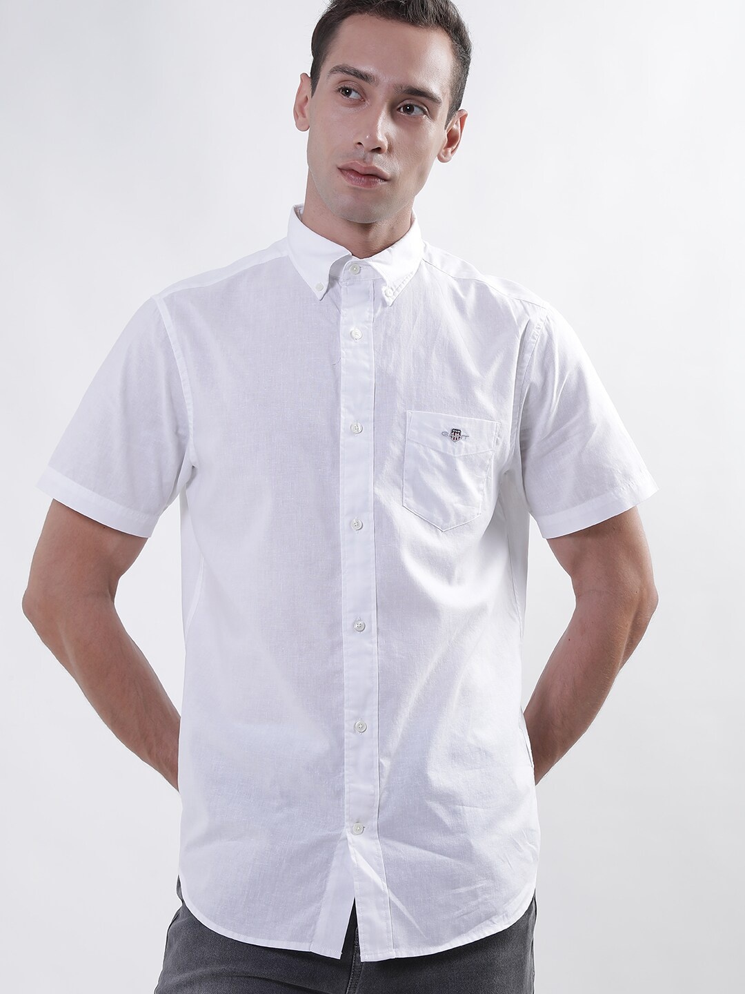

GANT Button-Down Collar Cotton Linen Casual Shirt, White