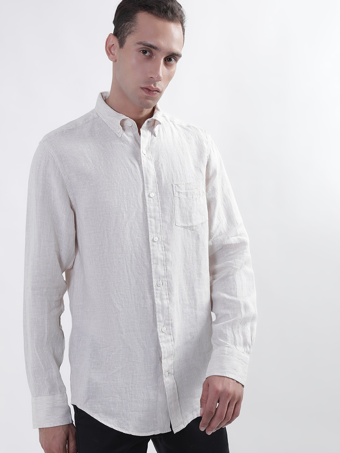 

GANT Striped Button-Down Collar Linen Casual Shirt, Beige