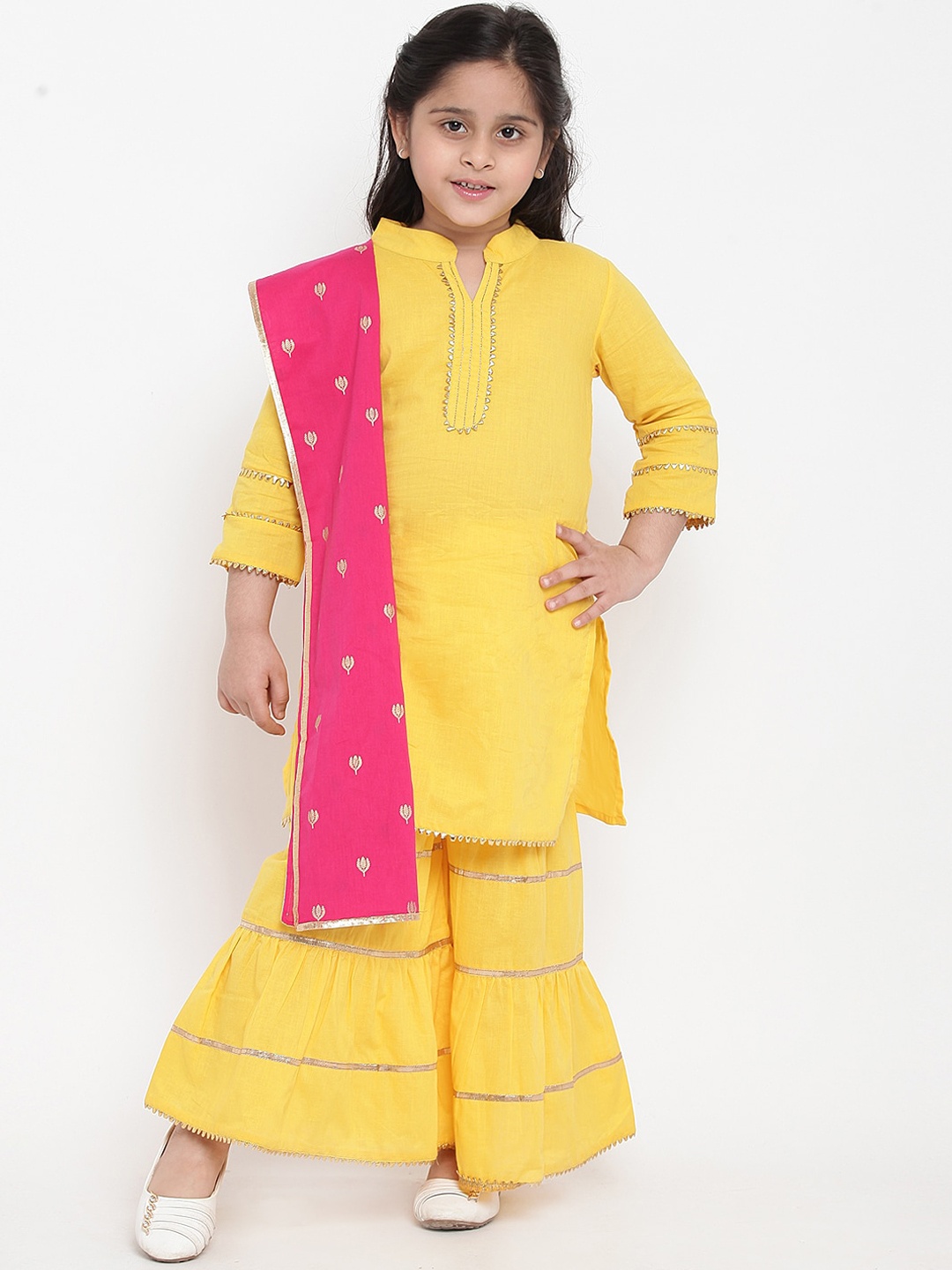 

Bitiya by Bhama Girls Gotta Patti Pure Cotton Kurta with Sharara & Dupatta, Yellow