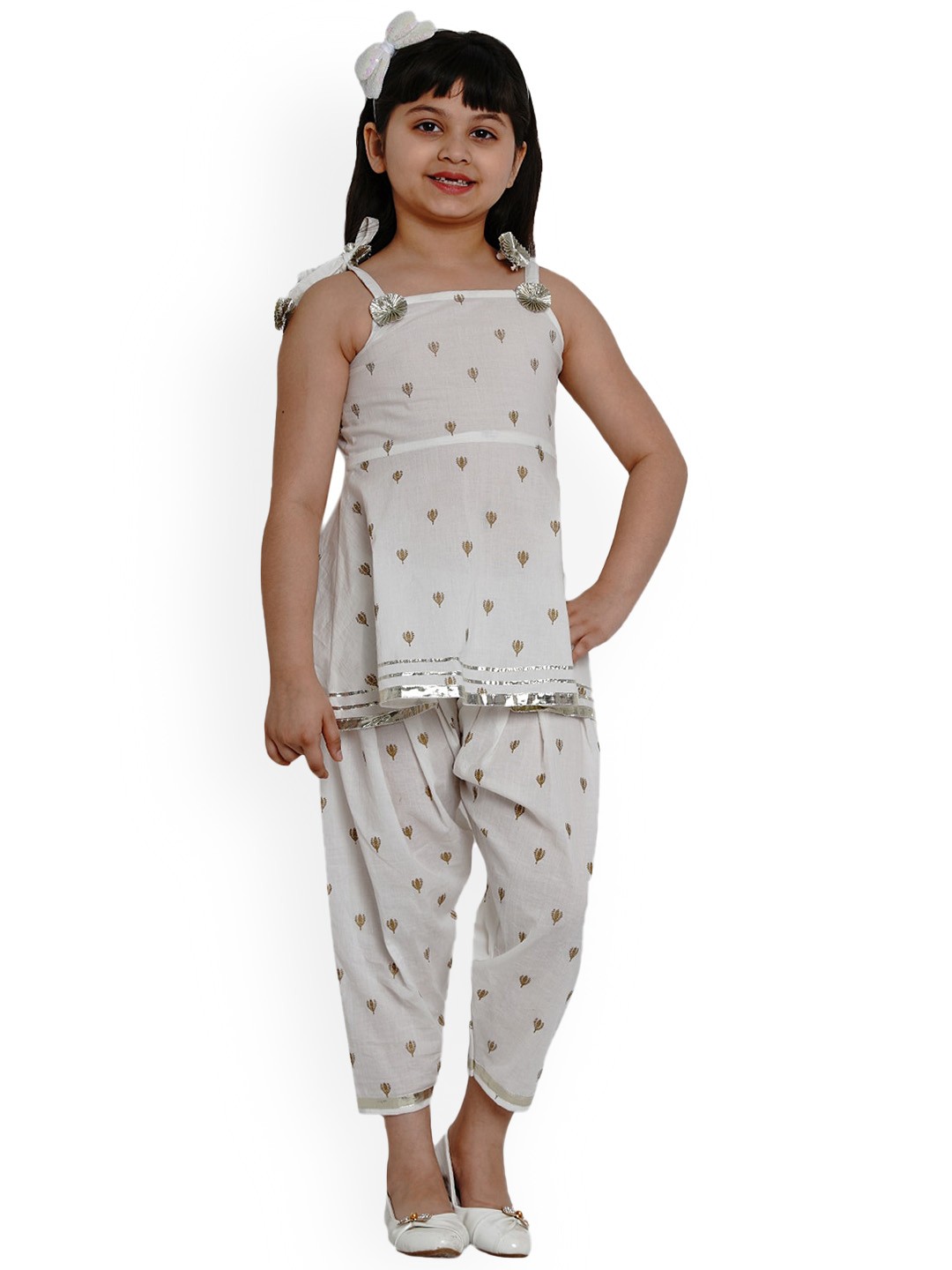 

Bitiya by Bhama Girls Ethnic Motifs Embroidered Gotta Patti Pure Cotton Kurta With Salwar, White
