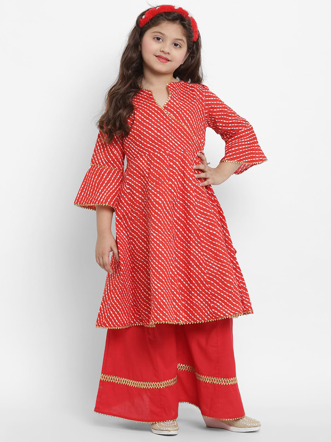 

Bitiya by Bhama Girls Leheriya Printed Angrakha Gotta Patti Cotton Kurta With Palazzos, Red